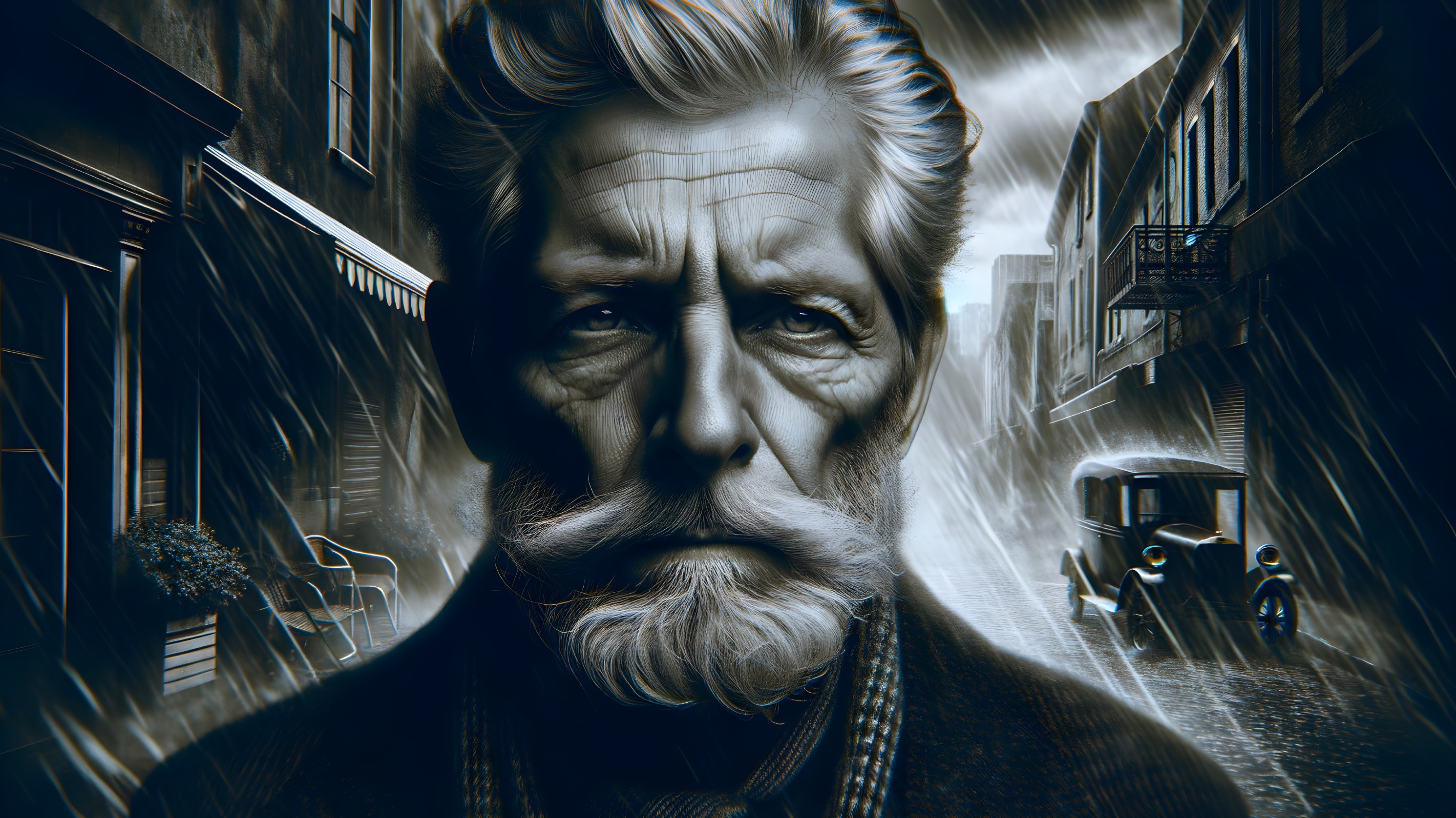 Weathered Man in Rainy Vintage Street Scene