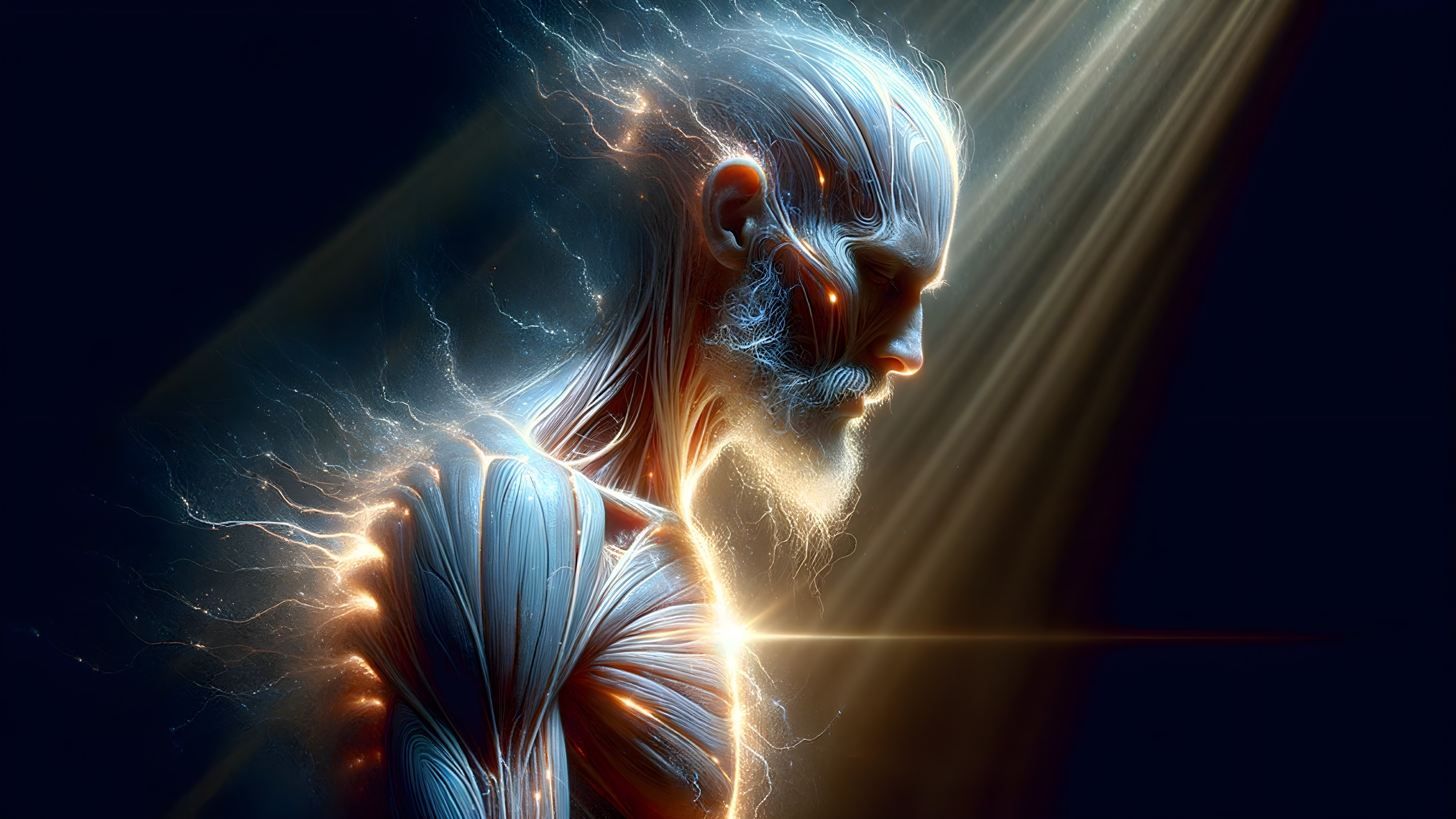 Ethereal Figure with Glowing Veins in Dark Background