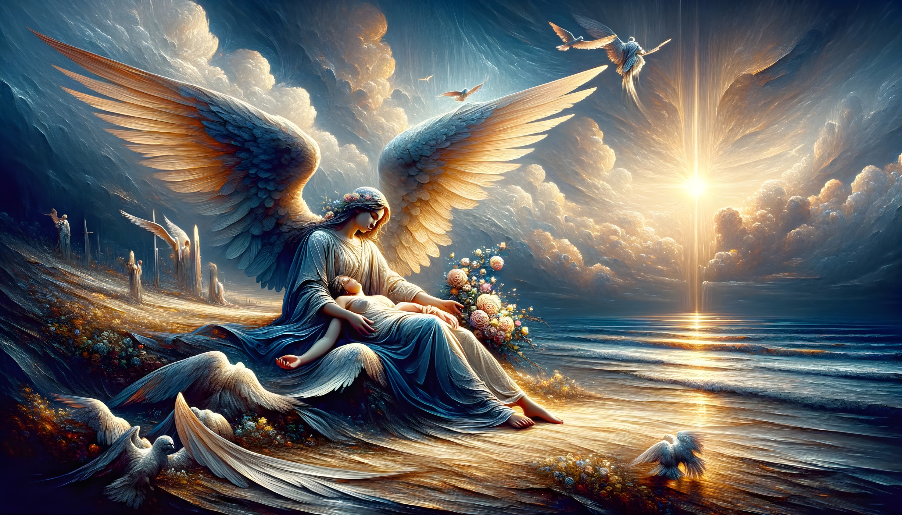 Divine Figure with Wings on Serene Sandy Shore