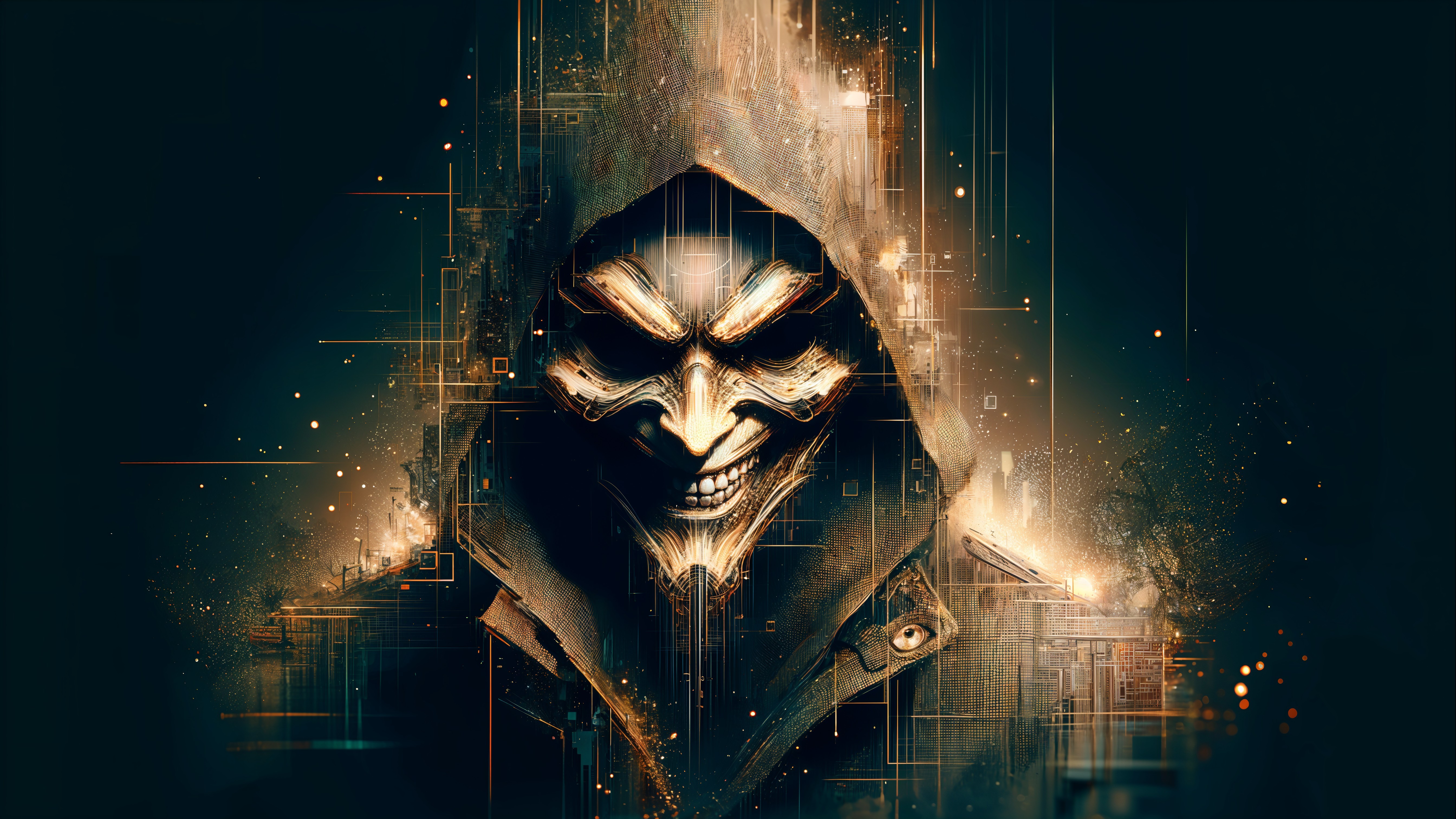 Mysterious Hooded Figure with Sinister Metallic Smile