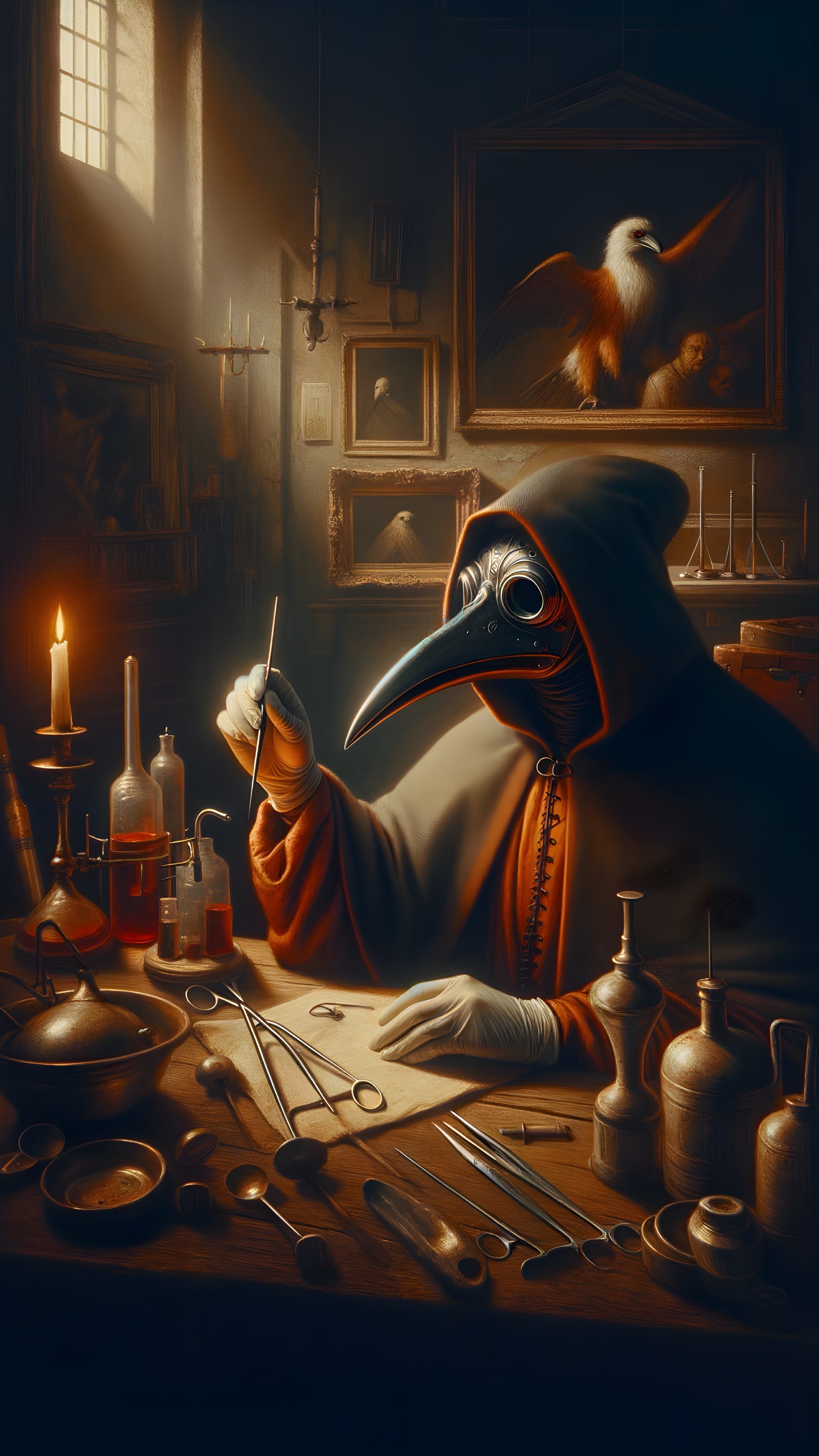 Cloaked Figure in Alchemist's Workshop with Scroll