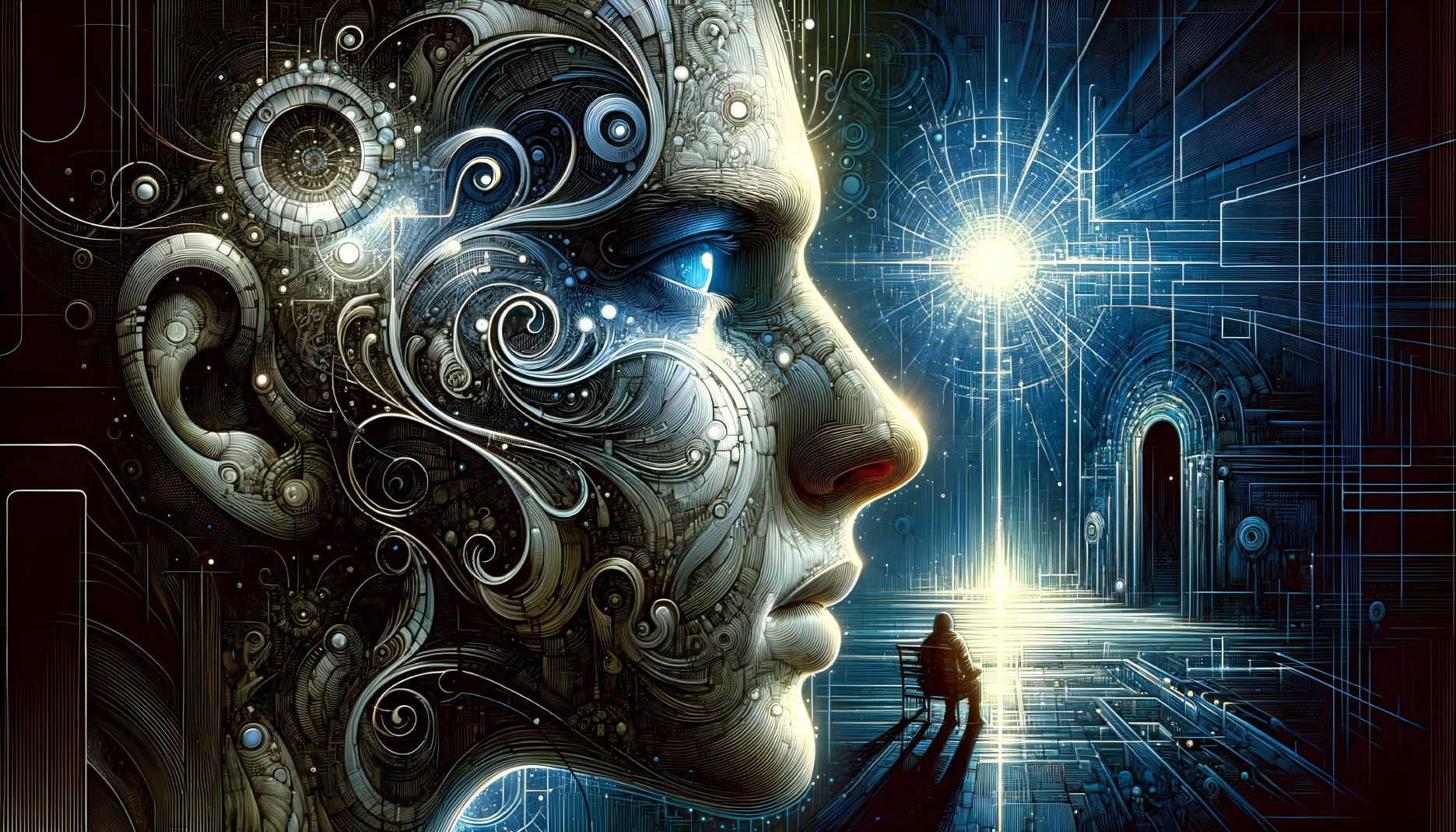 Futuristic Human Face with Circuitry and Gateway Light