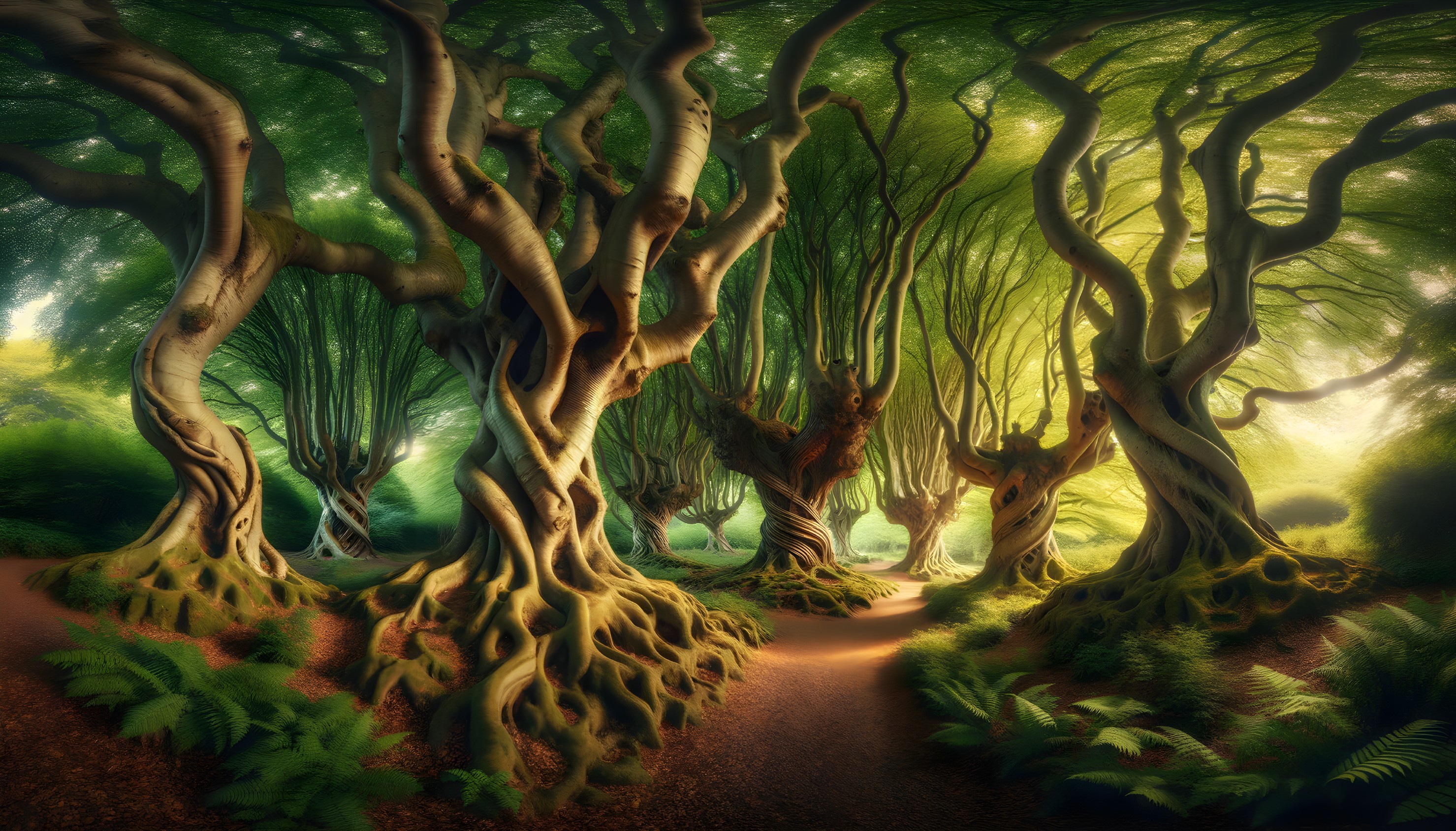 Mystical Forest Scene with Towering Trees and Sunlight