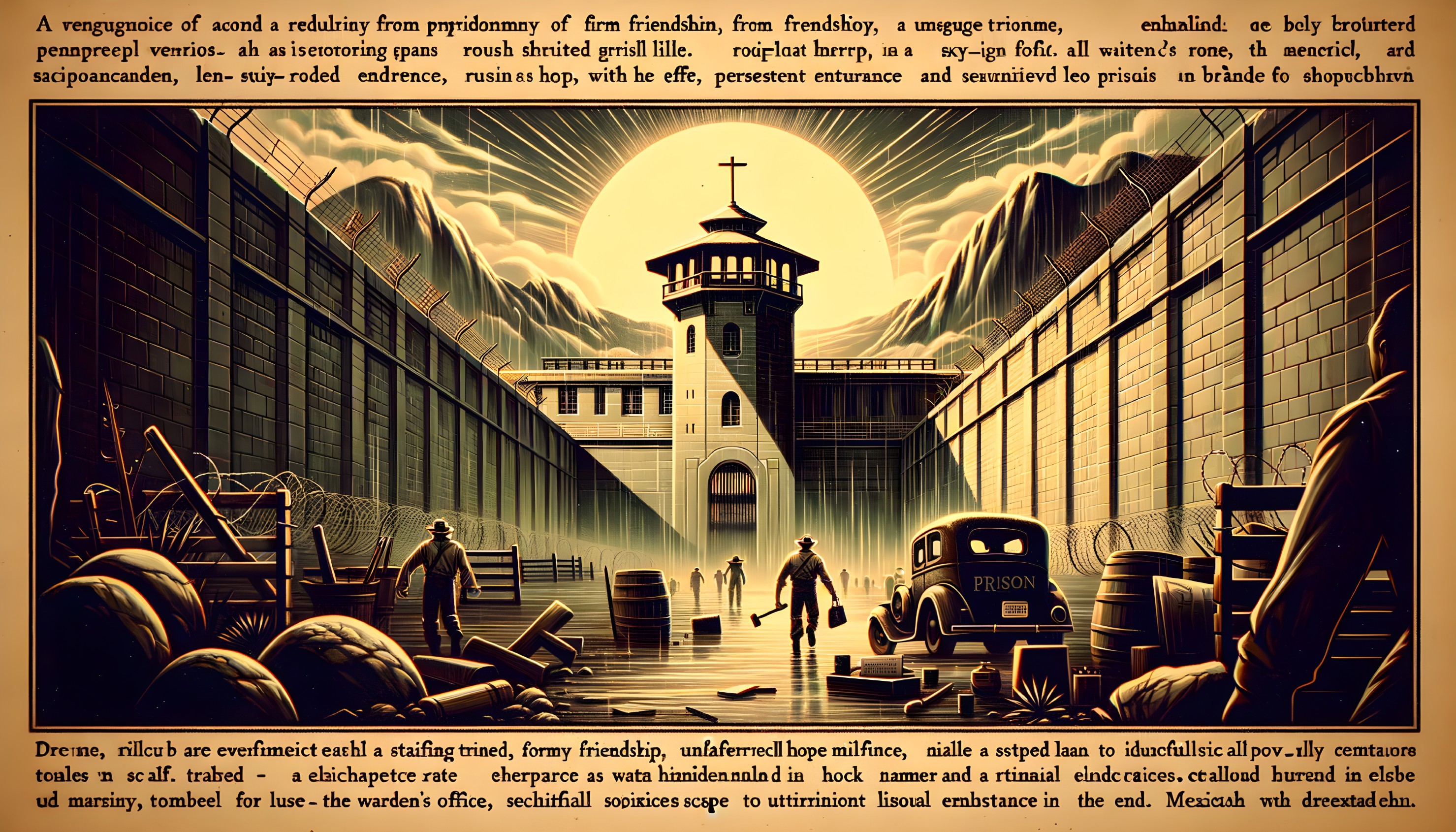 Vintage Prison Scene with Workers and Machinery