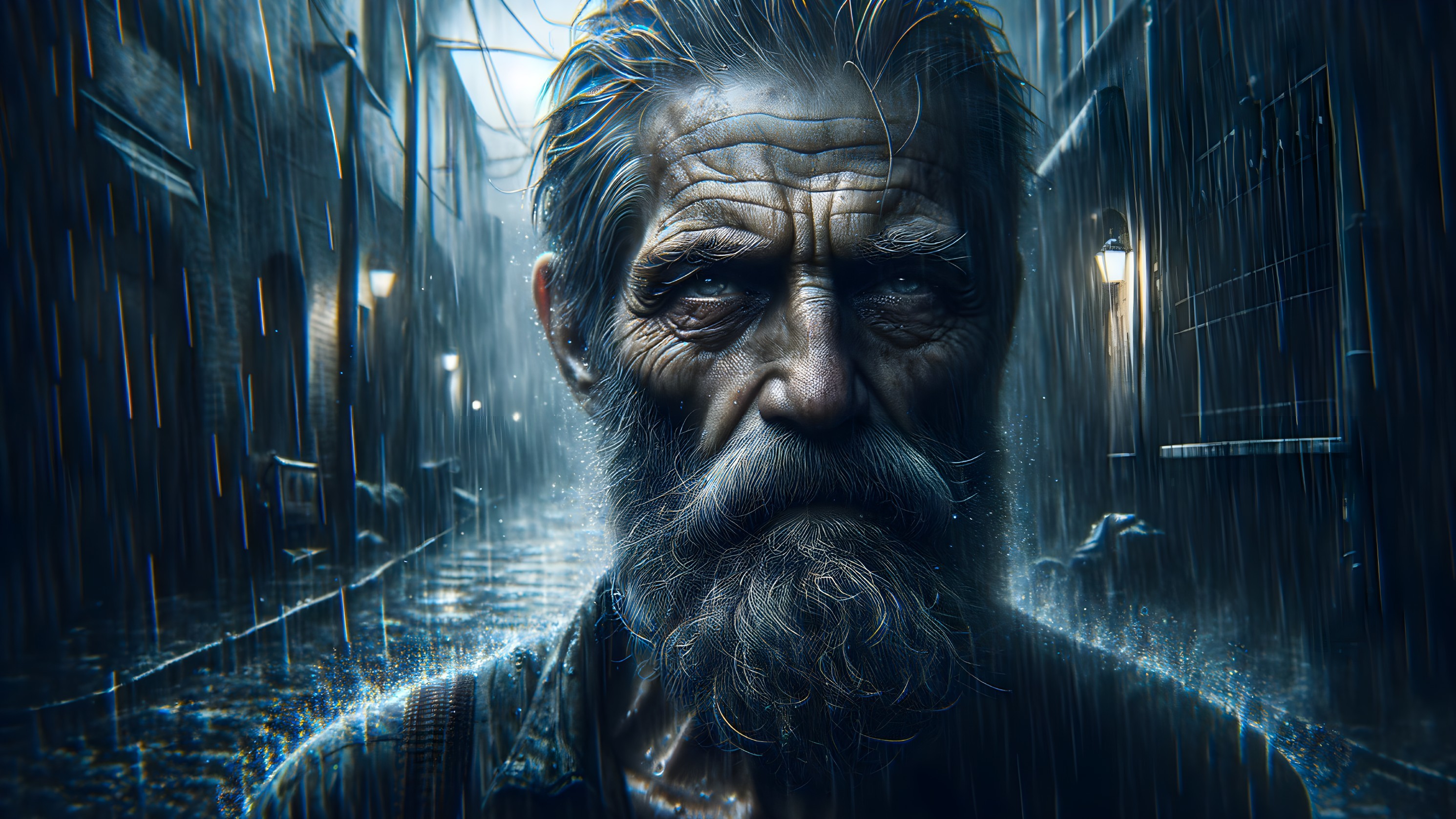 Elderly man in a rain-soaked alley with moody lighting