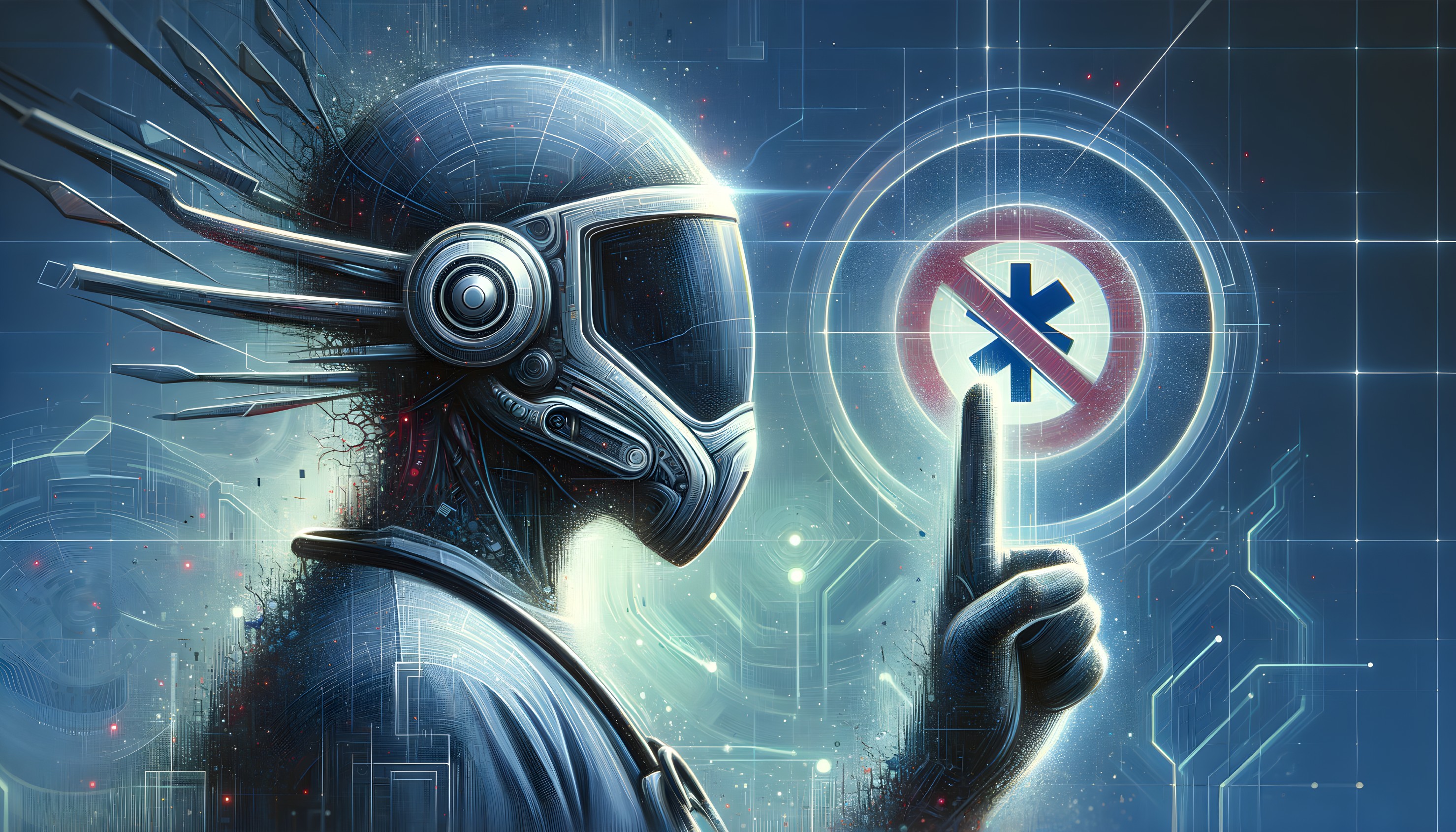 Cybernetic Doctor Figure with Medical Warning Symbol