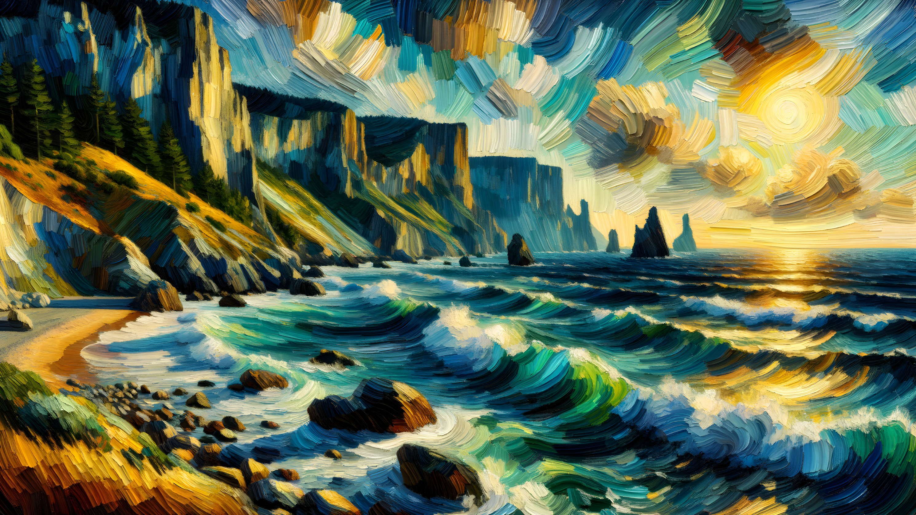 Vibrant Coastal Scene with Dramatic Cliffs and Waves