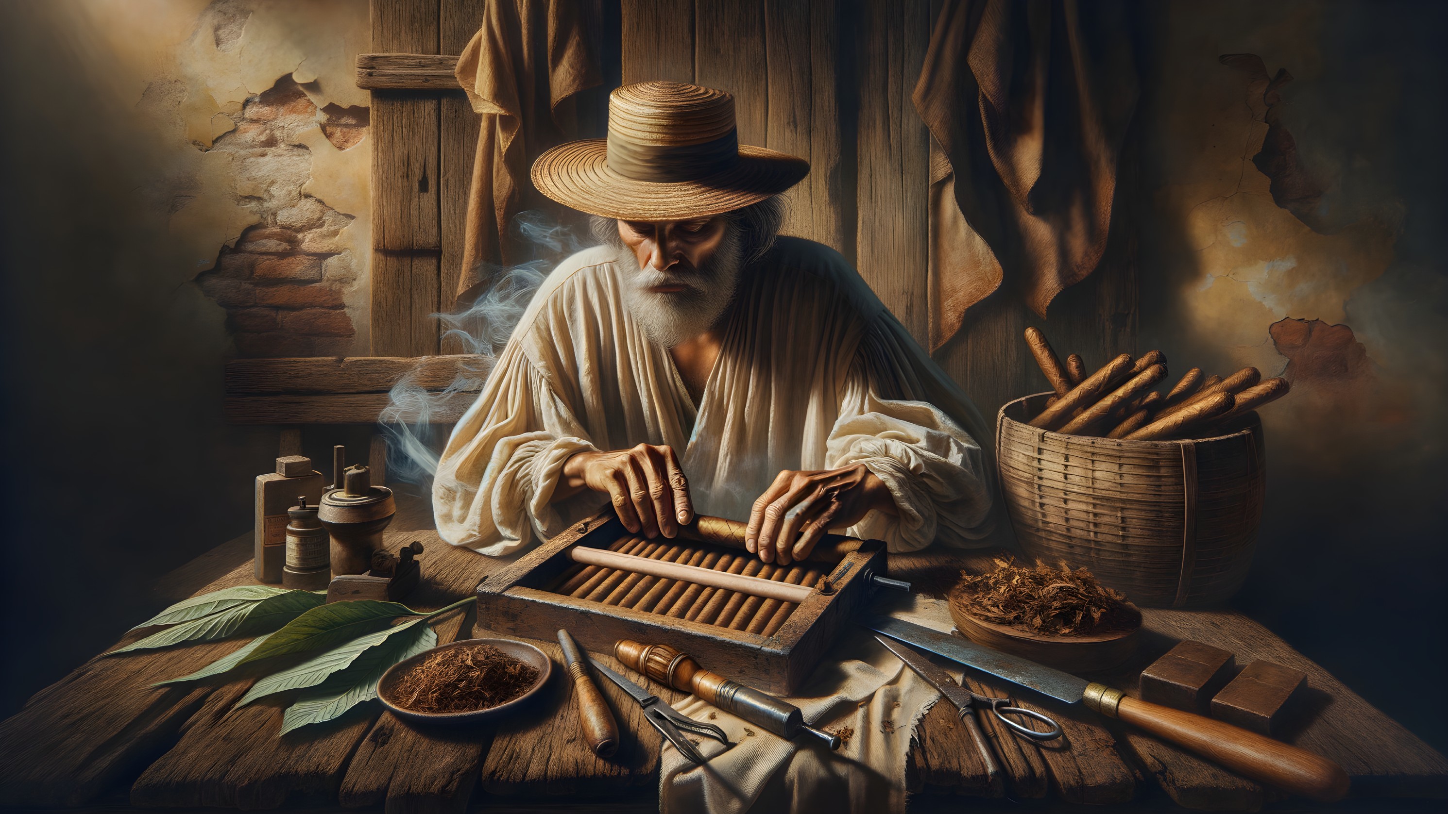 Elderly Man Rolling Cigars in Rustic Workshop