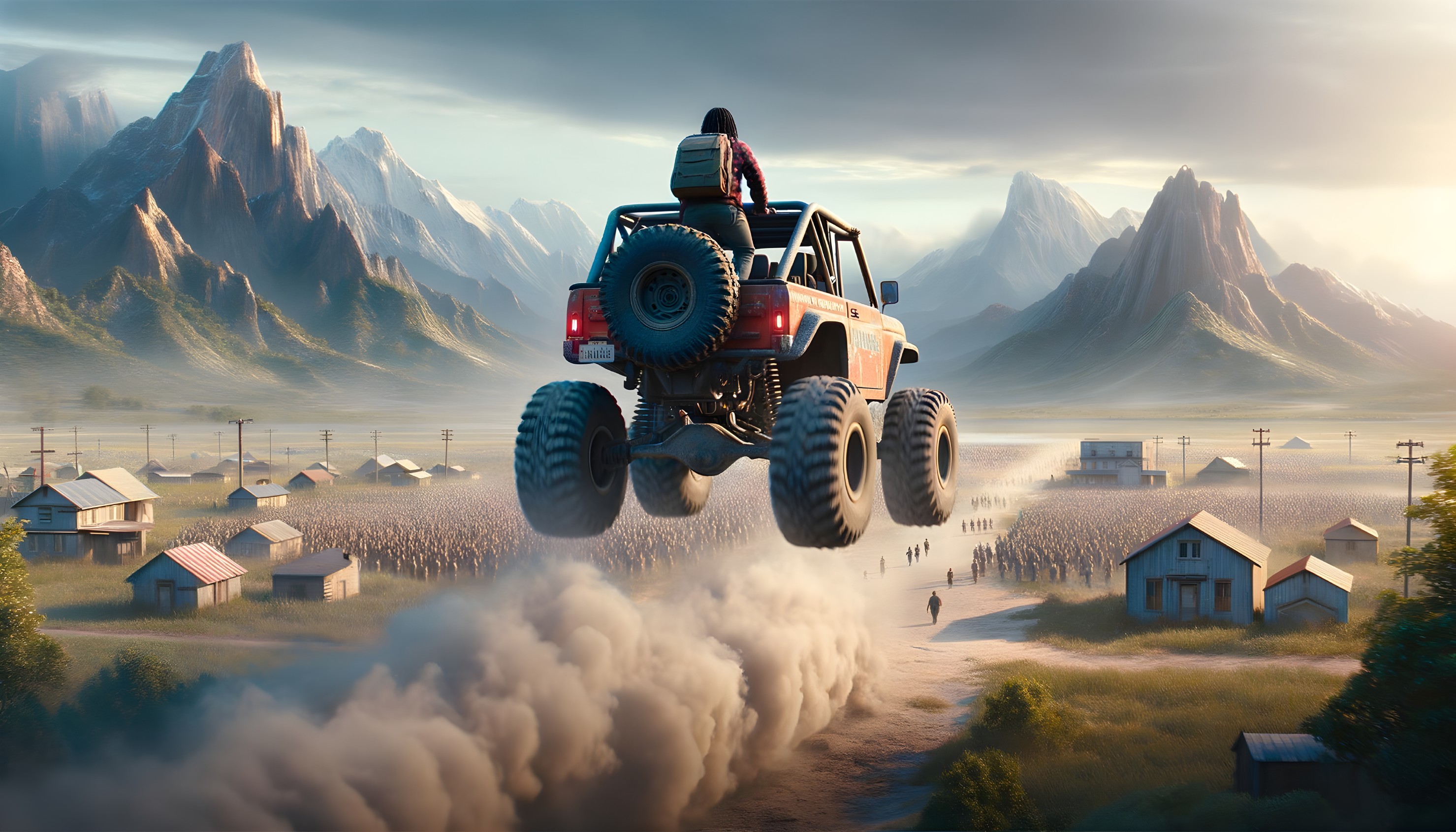 Off-Road Vehicle Soaring Above Dusty Mountain Road