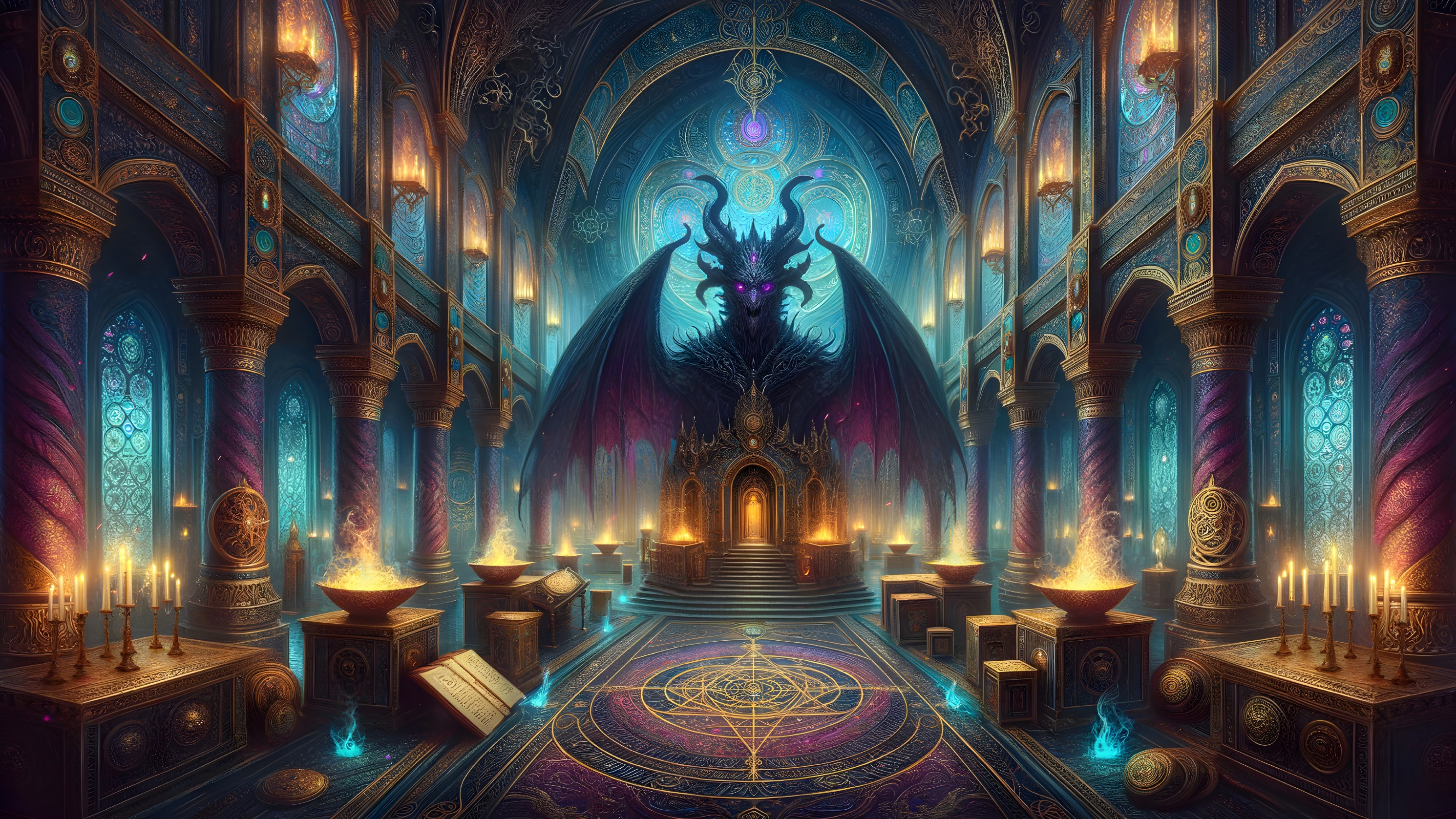 Mystical throne room with dragon and candlelight details