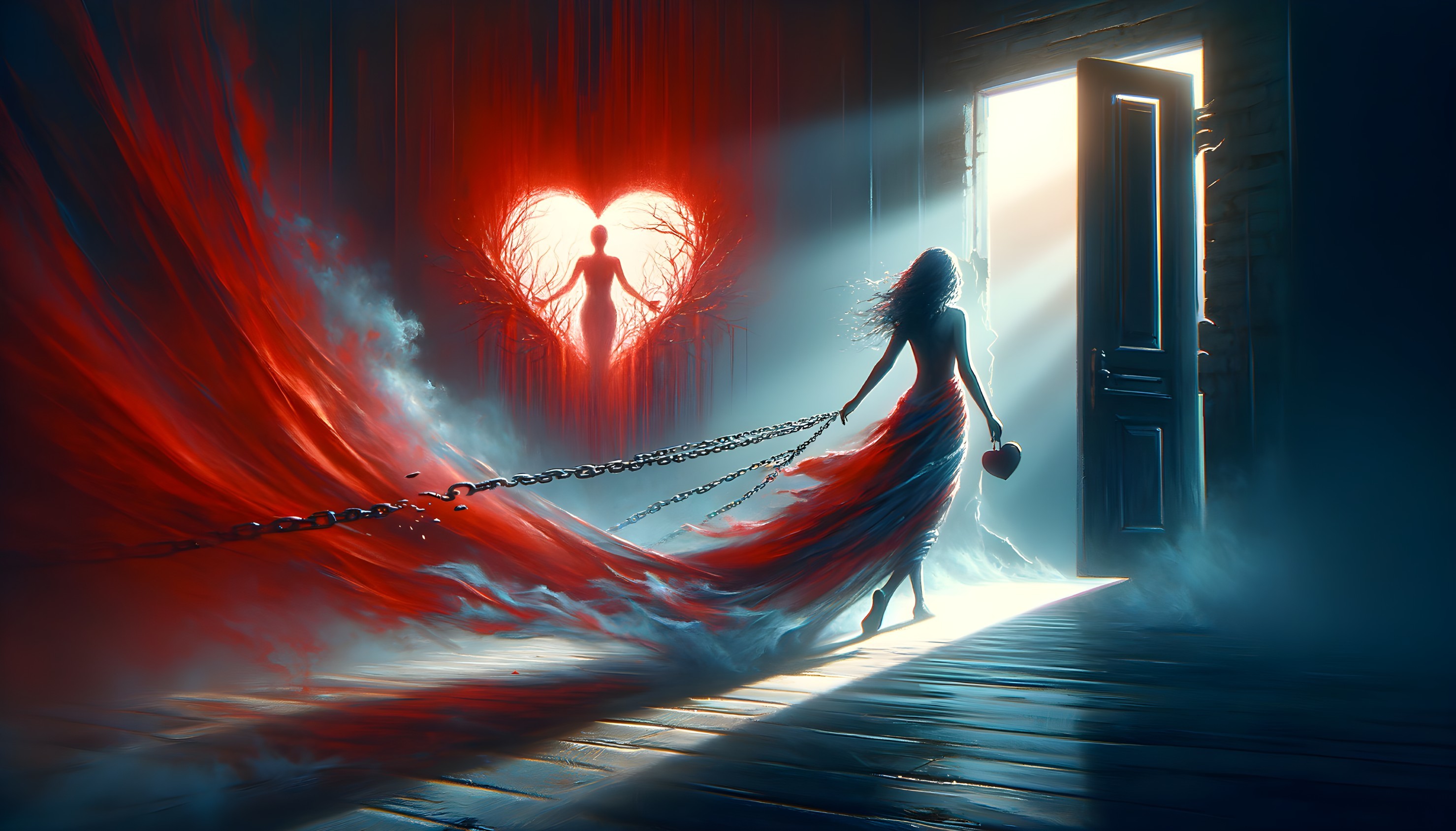 Red Dress Figure Approaches Ethereal Open Door