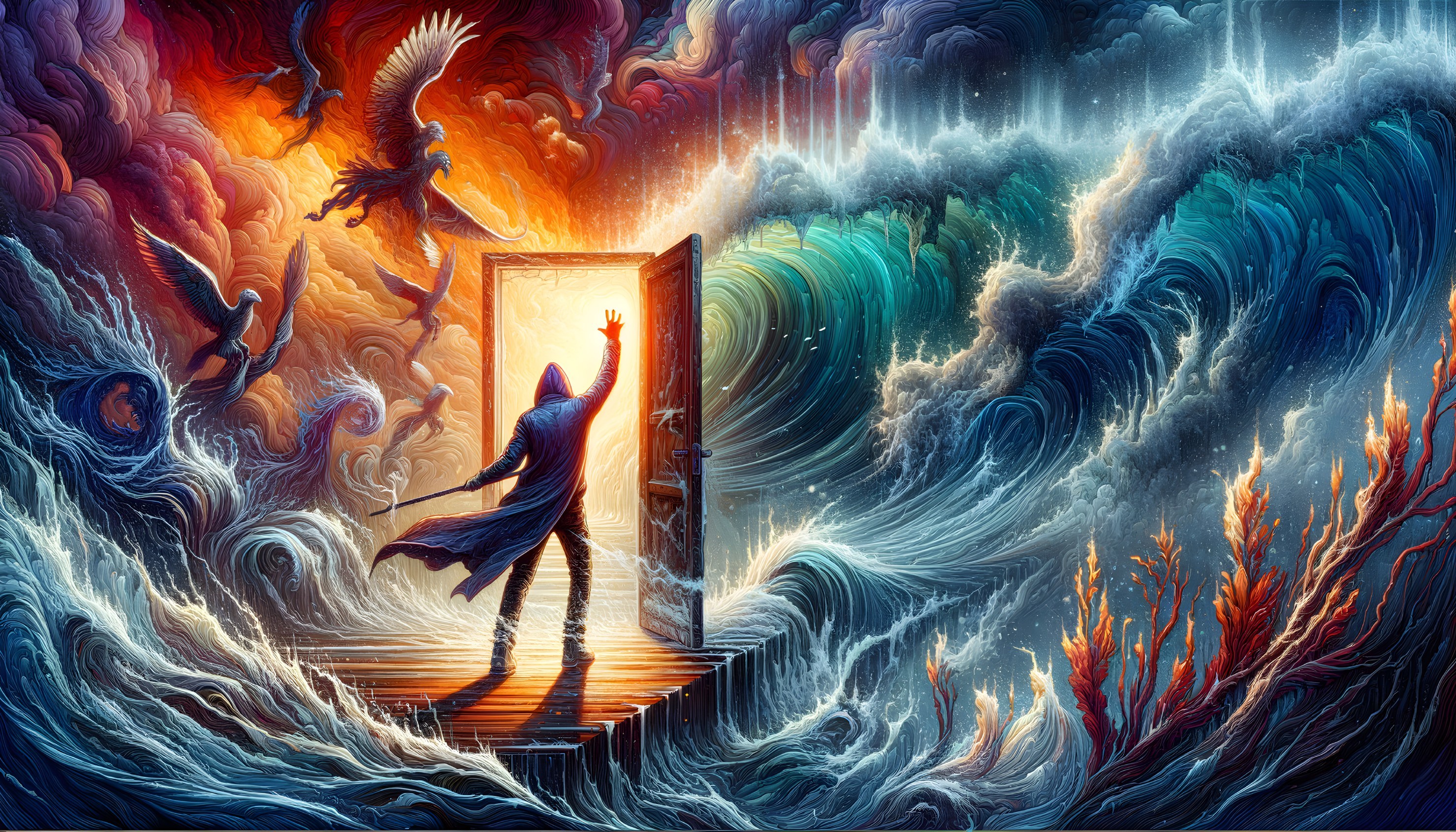 Cloaked Figure at Doorway to Chaotic Vibrant Scene