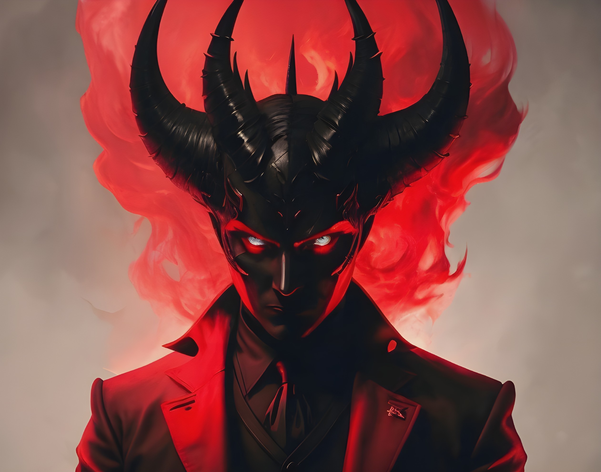 Mysterious Figure in Red Glow with Twisted Horns