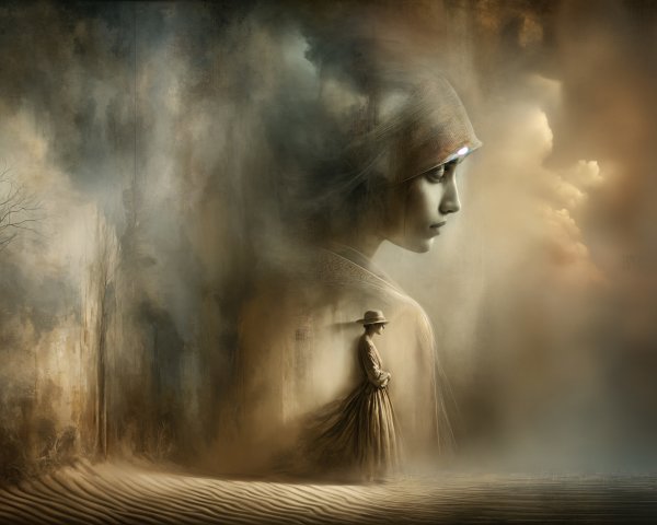 Surreal Landscape with Cloaked Figure and Ethereal Forms
