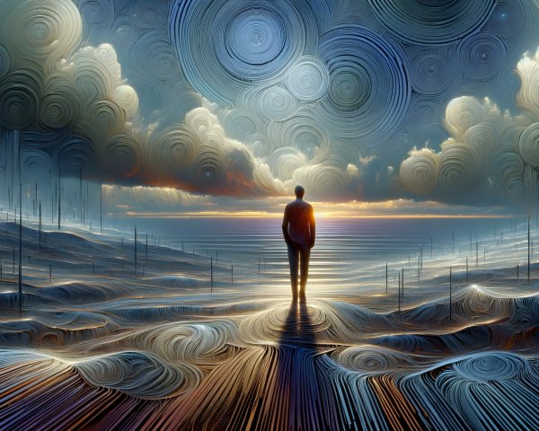 Surreal Landscape with Figure at Sea and Sky Horizon