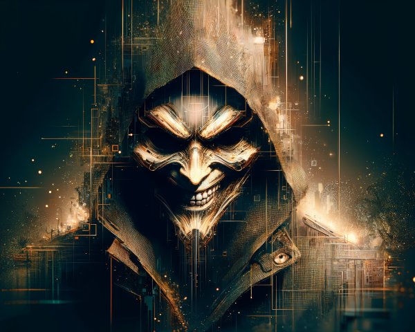 Mysterious Hooded Figure with Sinister Metallic Smile