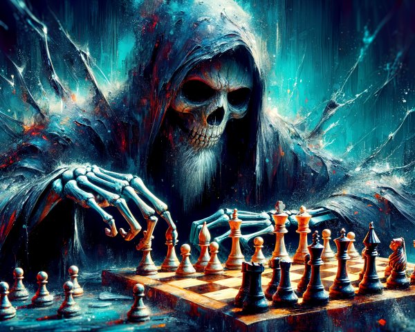 Mysterious Skeletal Figure Over Chessboard Scene