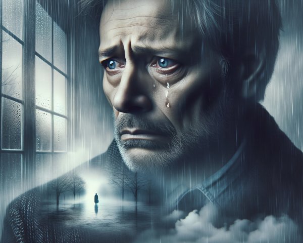 Somber Man Gazes Through Rain-Soaked Window