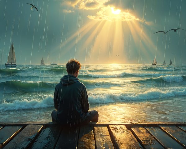 Solitary Figure on Pier Overlooking Dramatic Seascape