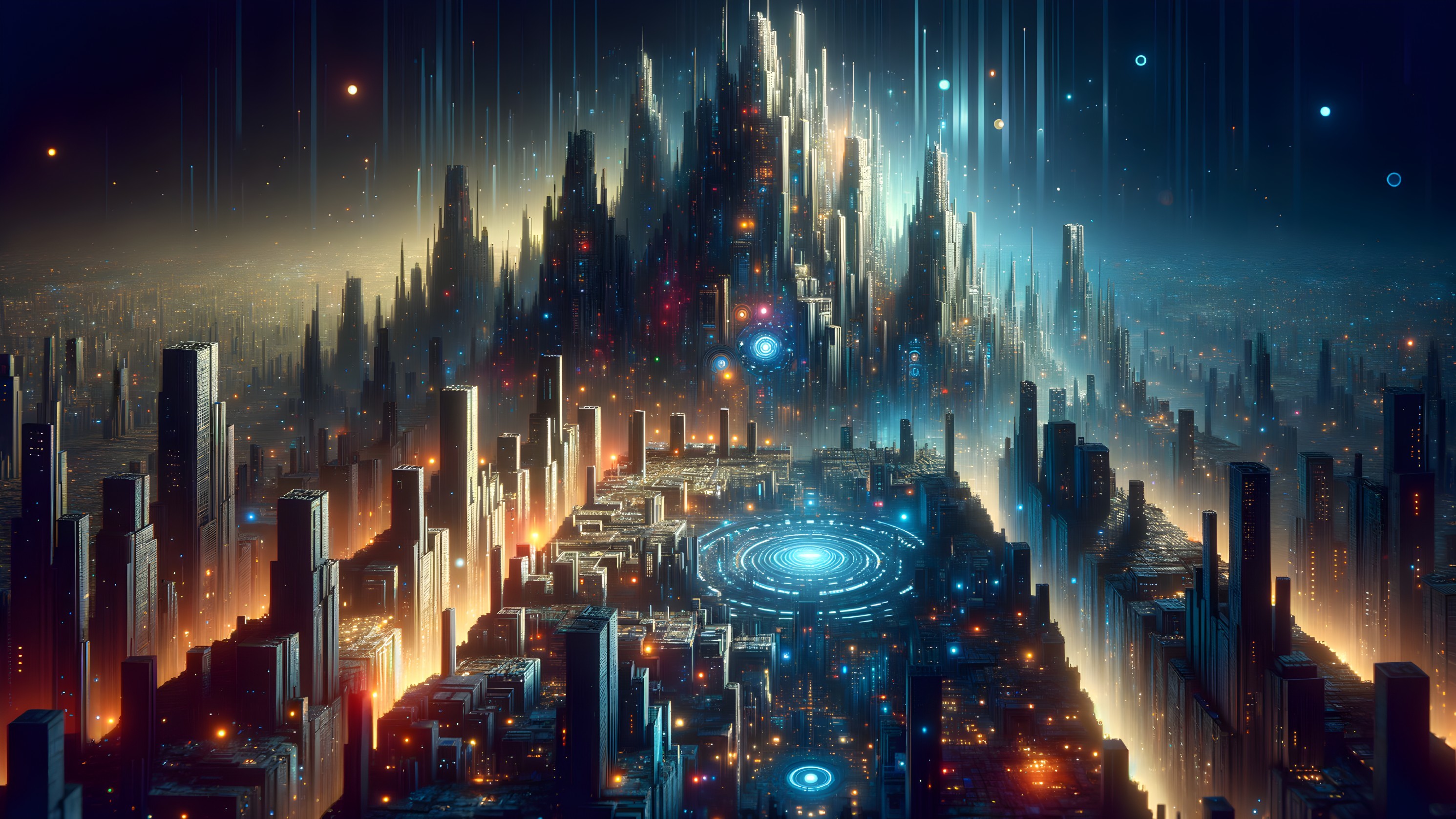 Futuristic cityscape with glowing skyscrapers and plaza