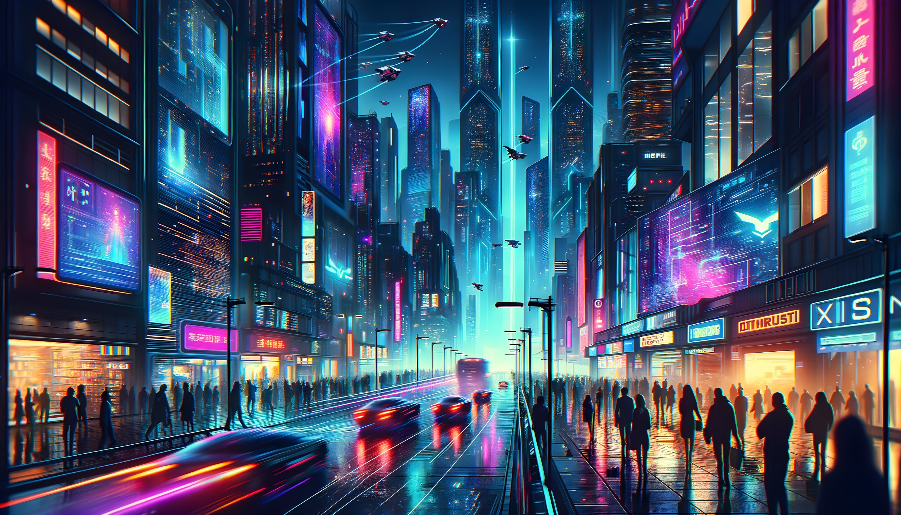 Futuristic Night Cityscape with Neon Lights and Drones