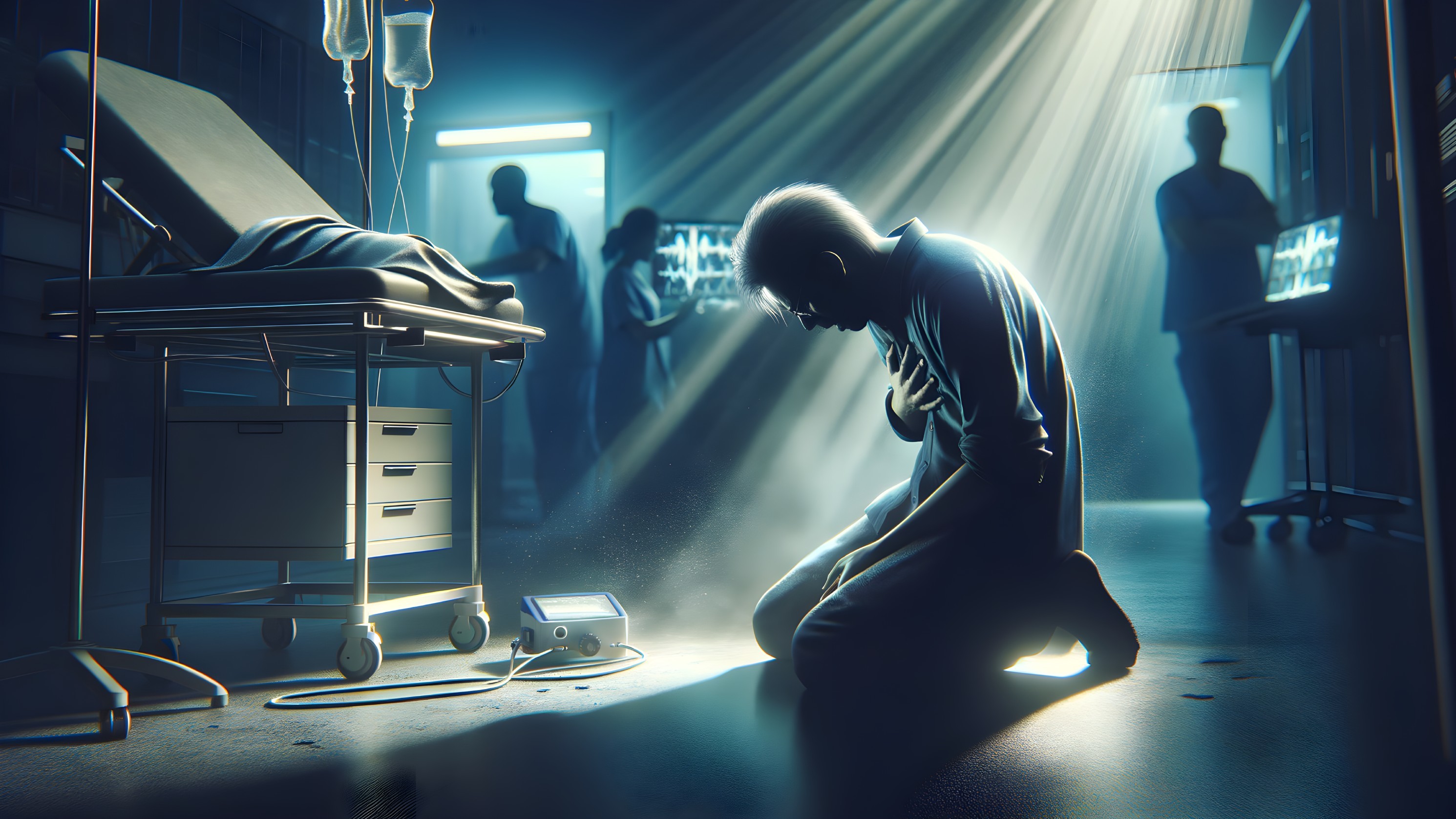 Despair in a Dim Hospital Corridor with Medical Equipment