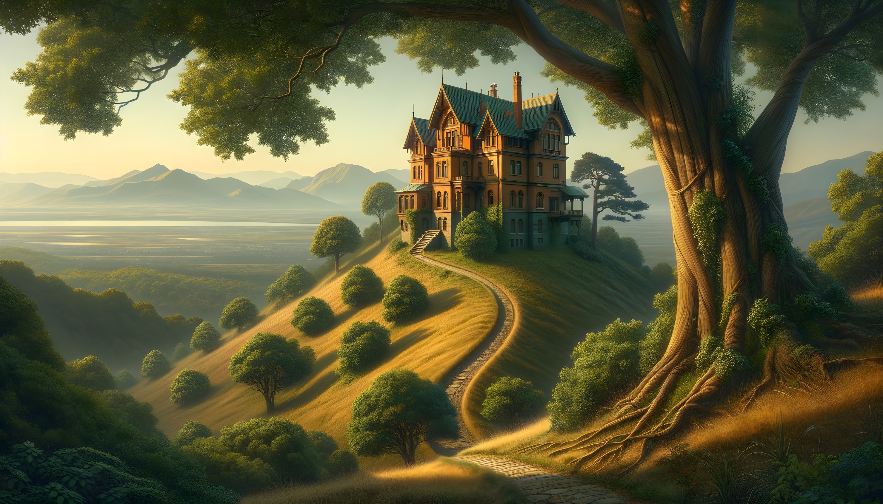 Picturesque Mansion on a Grassy Hill with Scenic Views