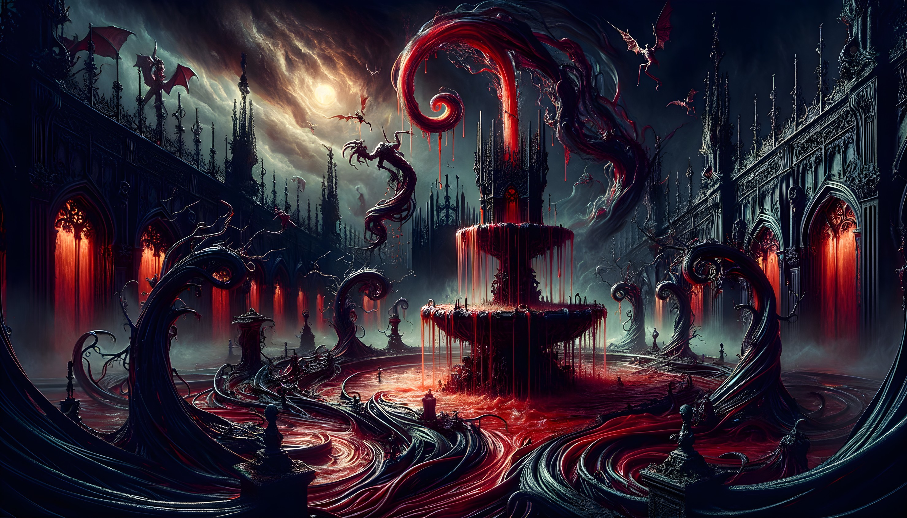 Gothic Fountain with Dark Liquid and Eerie Atmosphere