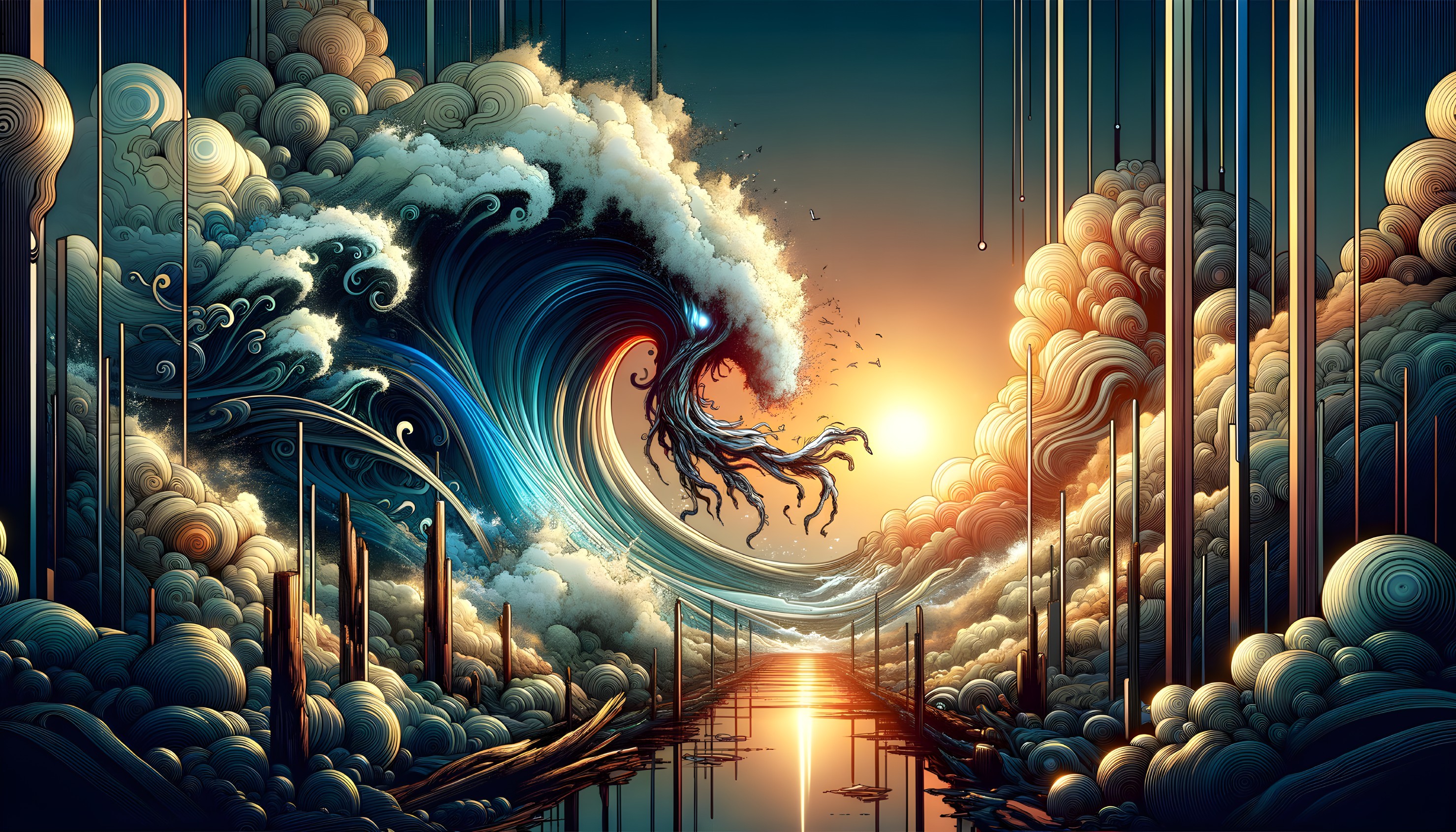 Dramatic Wave with Mythical Face and Sunset Background