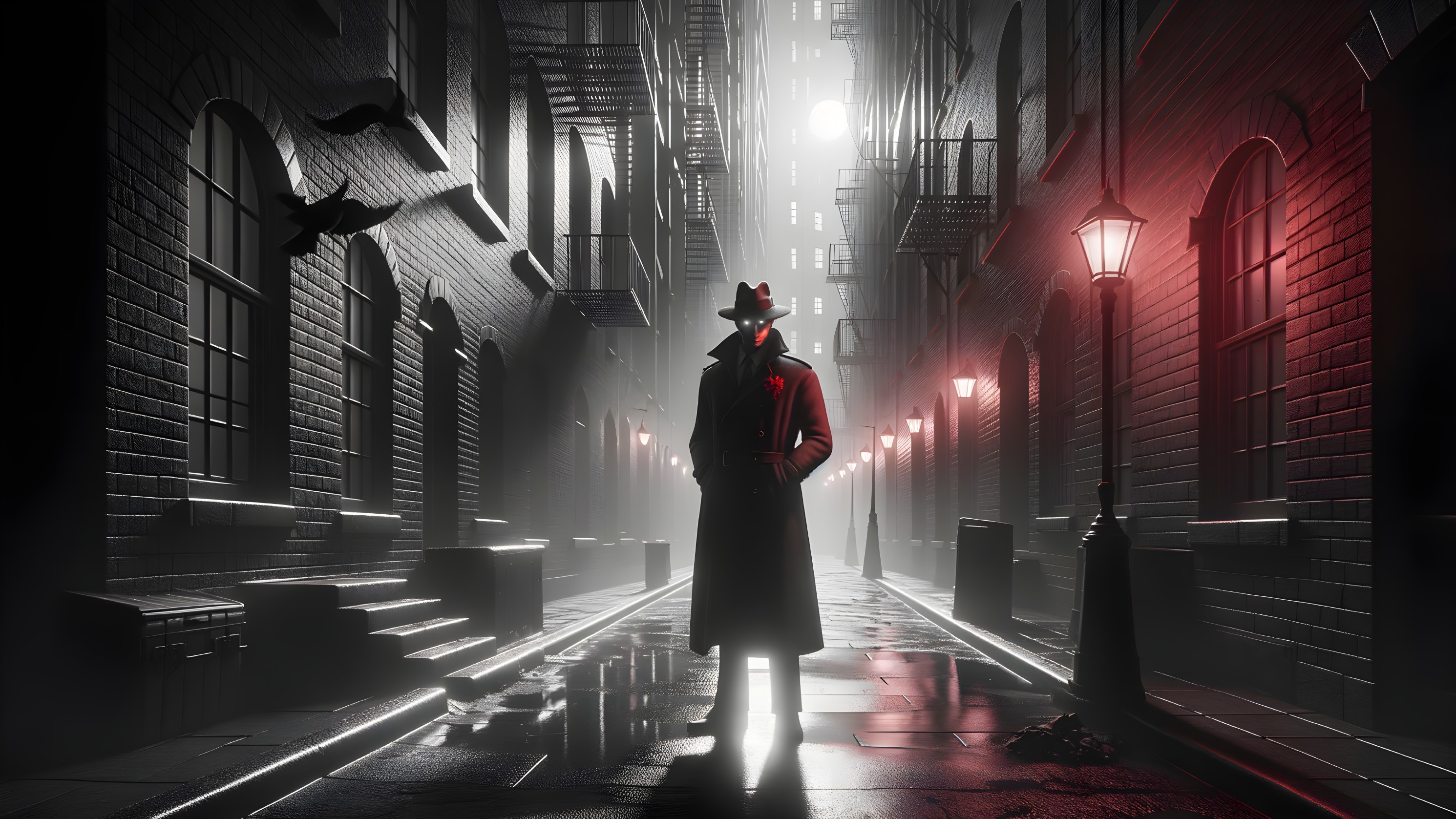 Mysterious Figure in Dimly Lit Alley with Crows