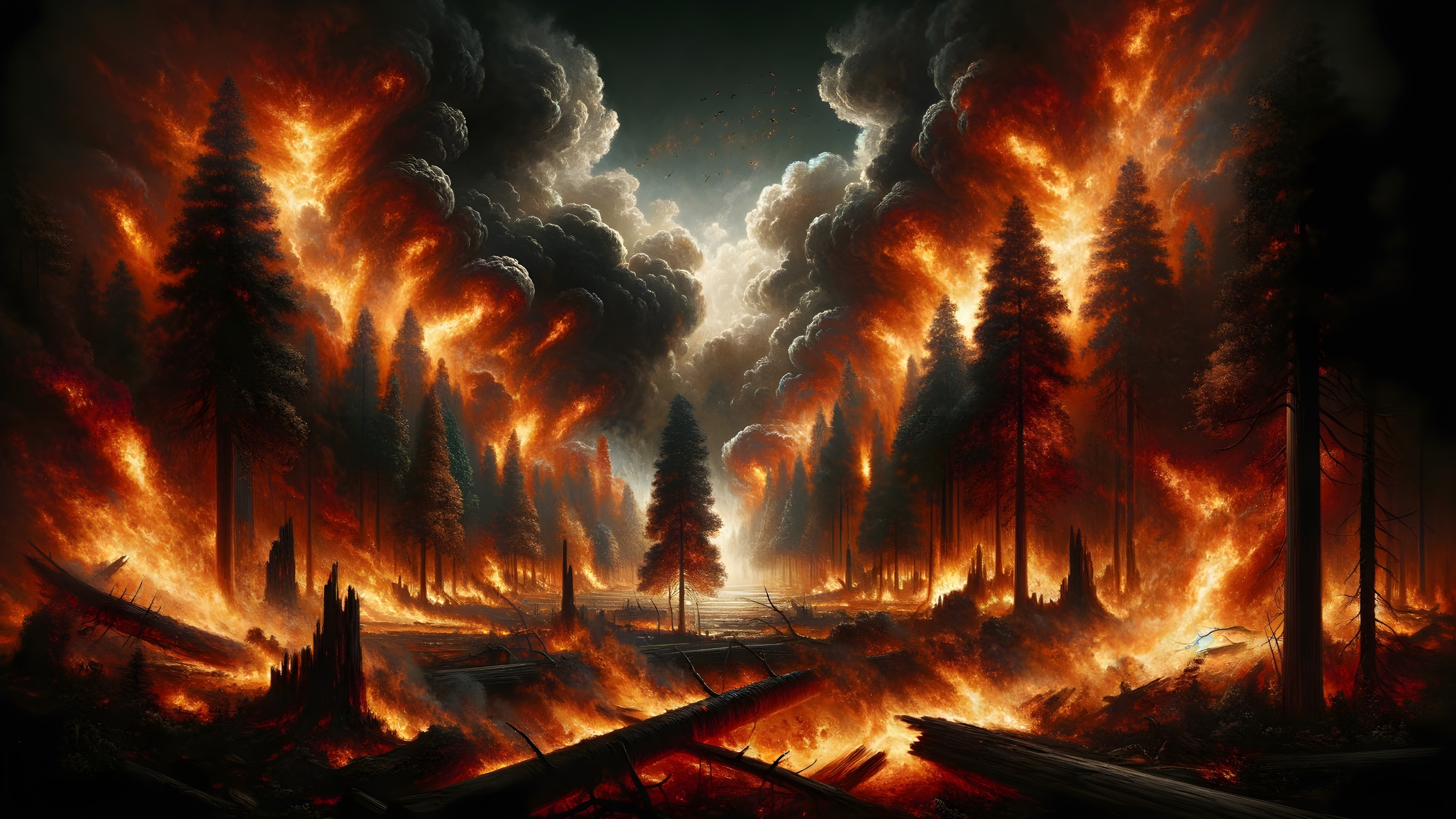 Dramatic Landscape of Flames and Charred Forest