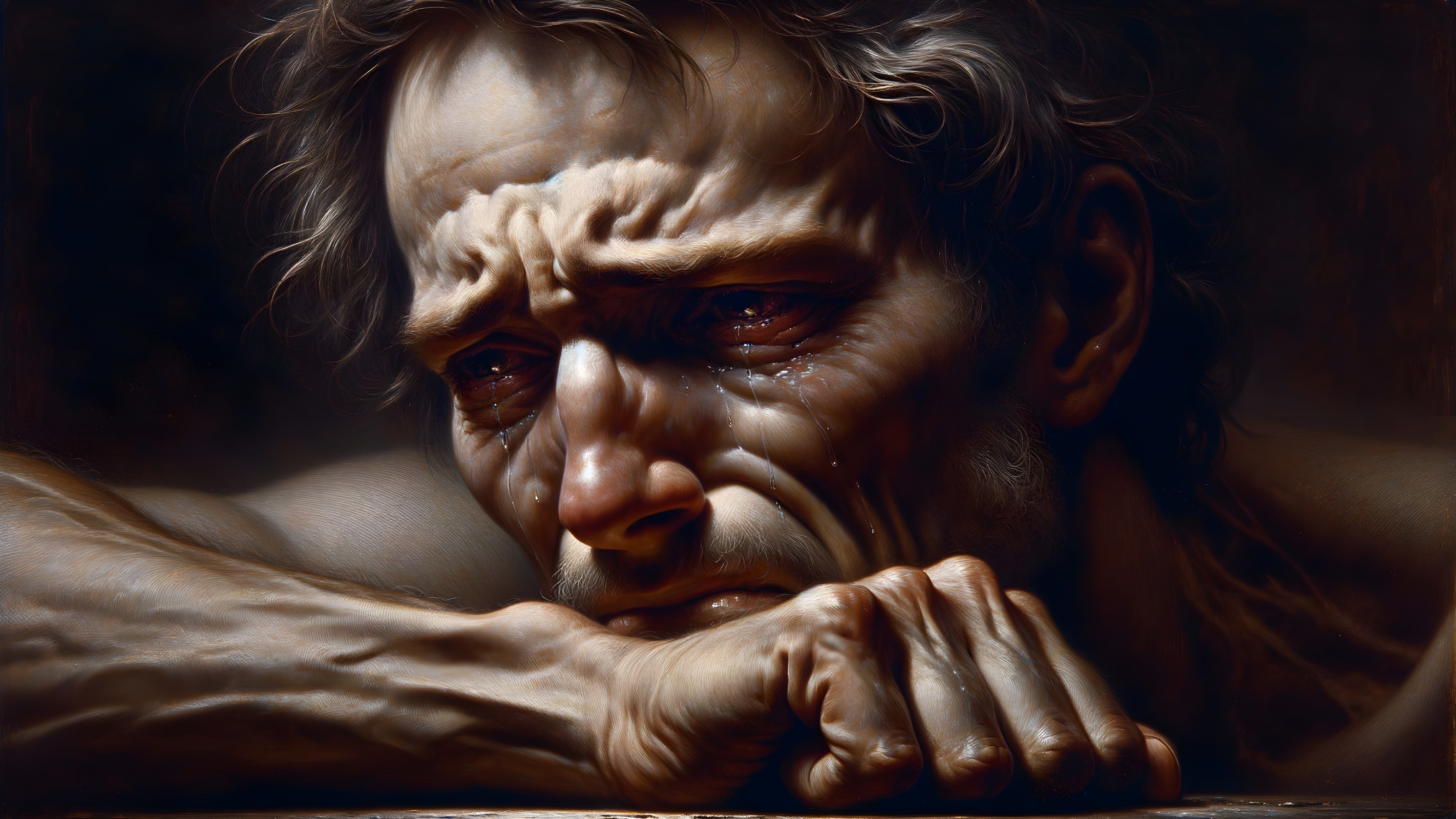 Close-up of a man expressing sorrow and vulnerability