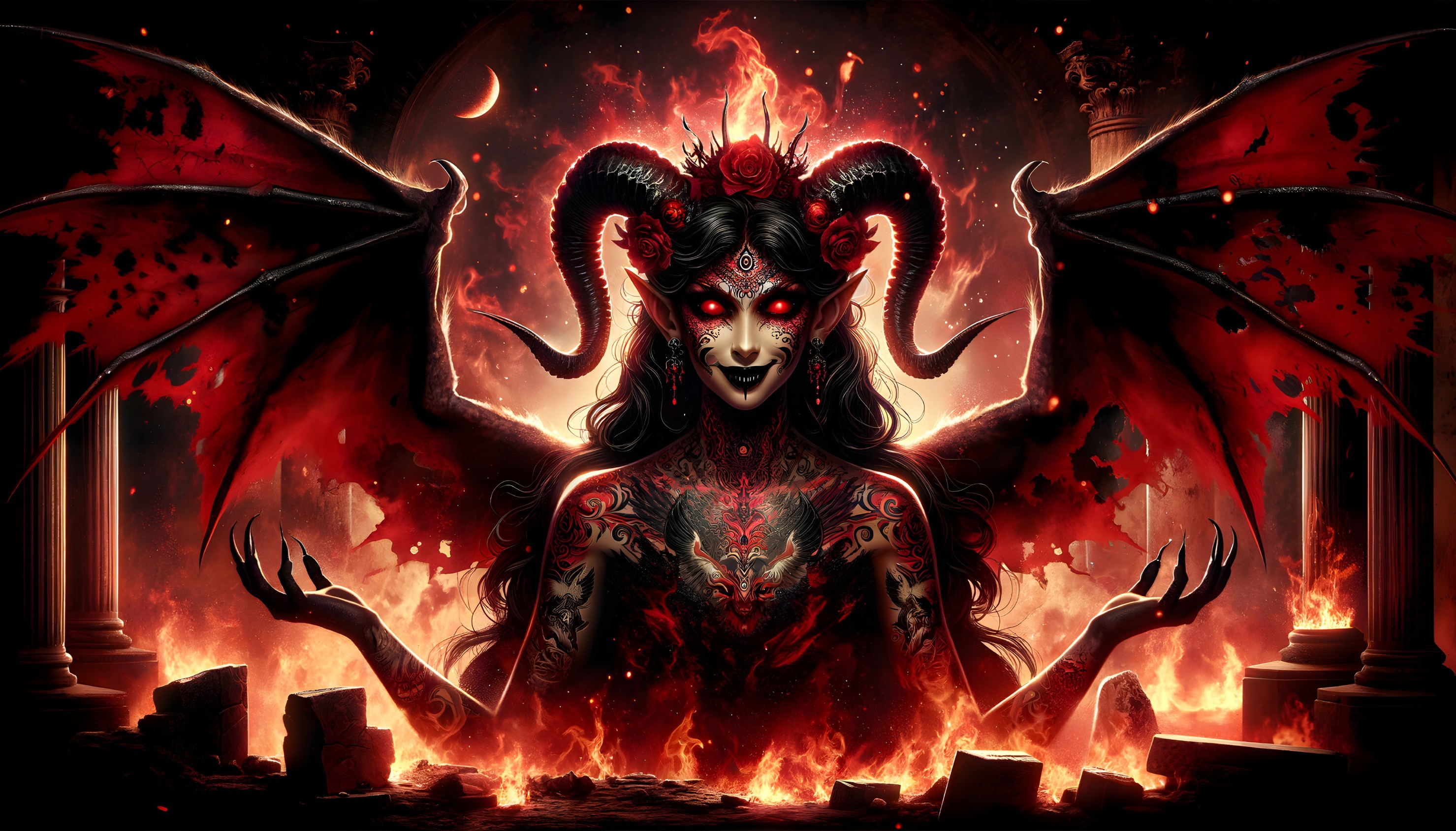 Demonic Figure with Red Eyes and Intricate Tattoos