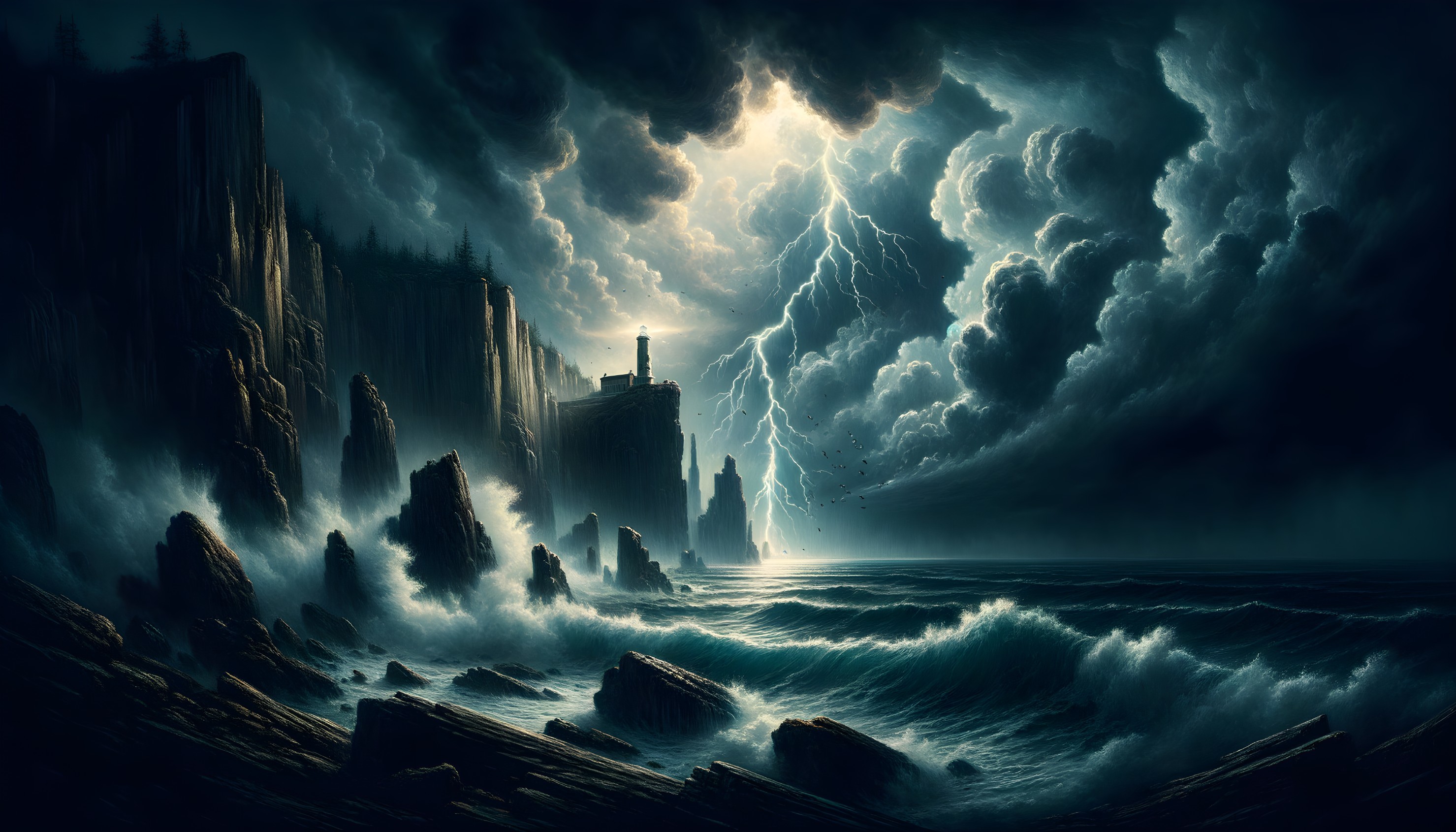 Dramatic Seascape with Lighthouse and Stormy Sky