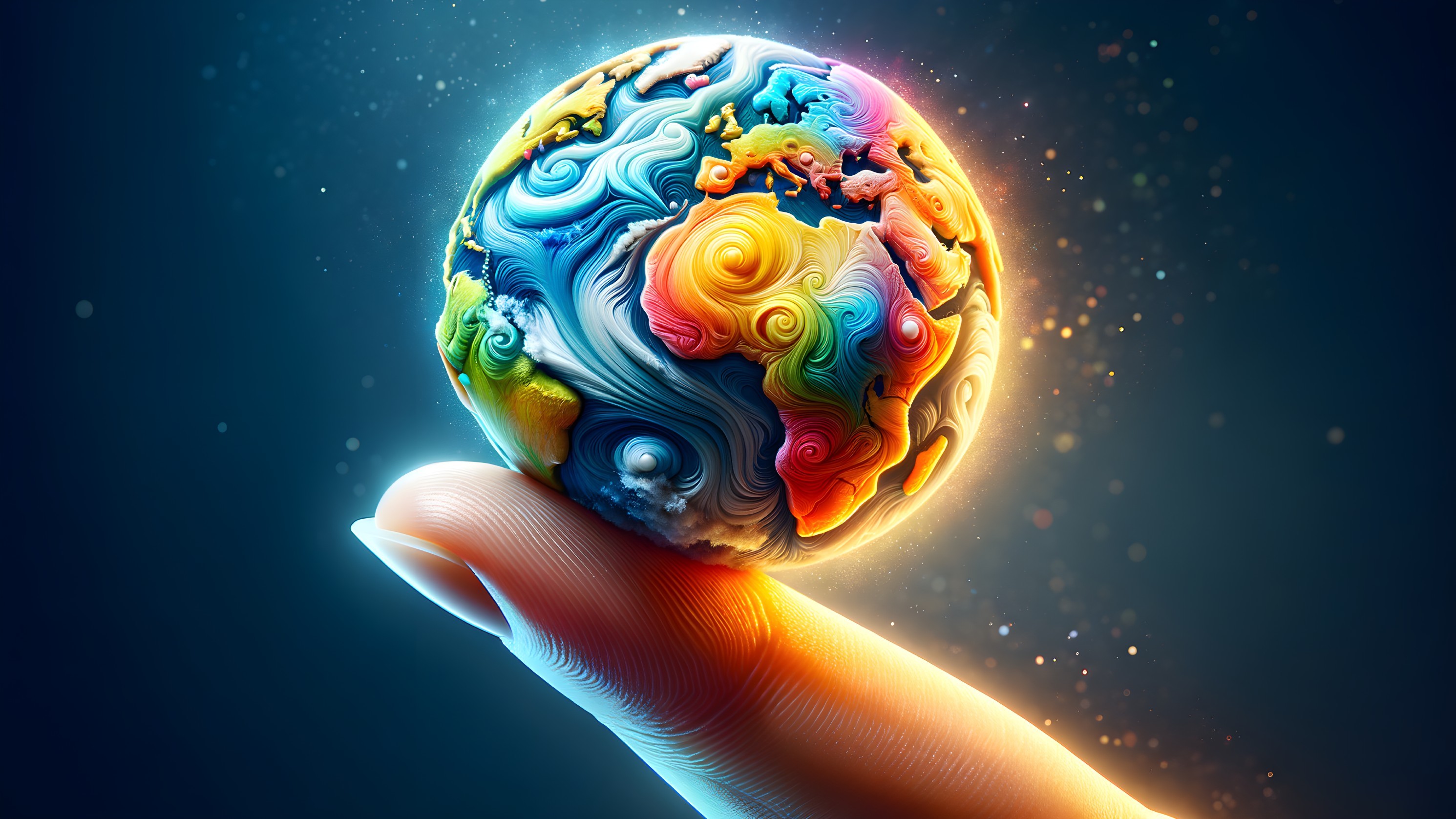 Intricate Globe on Finger Symbolizing Humanity and Earth