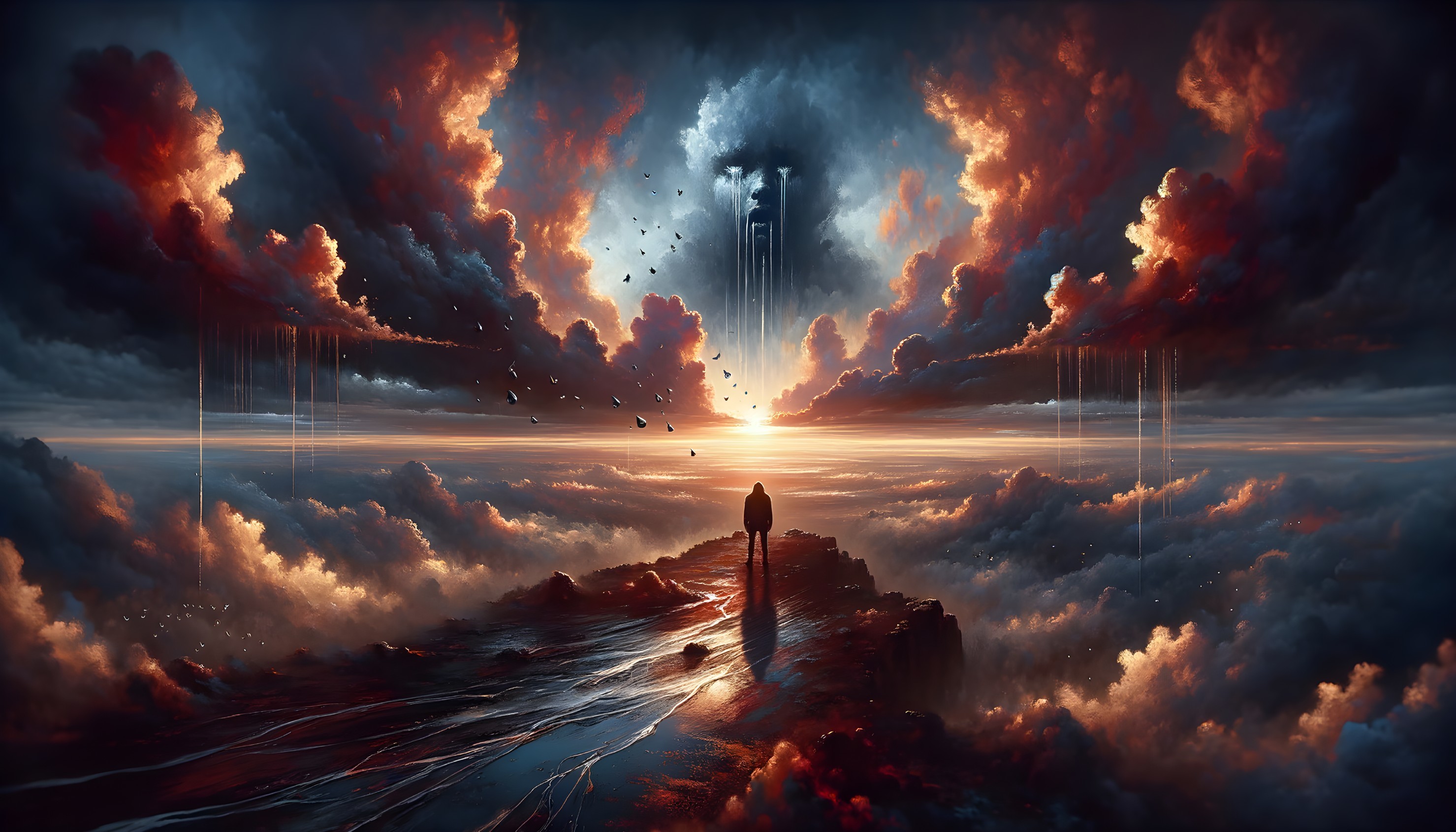 Solitary Figure on Rocky Outcrop at Sunset Horizon