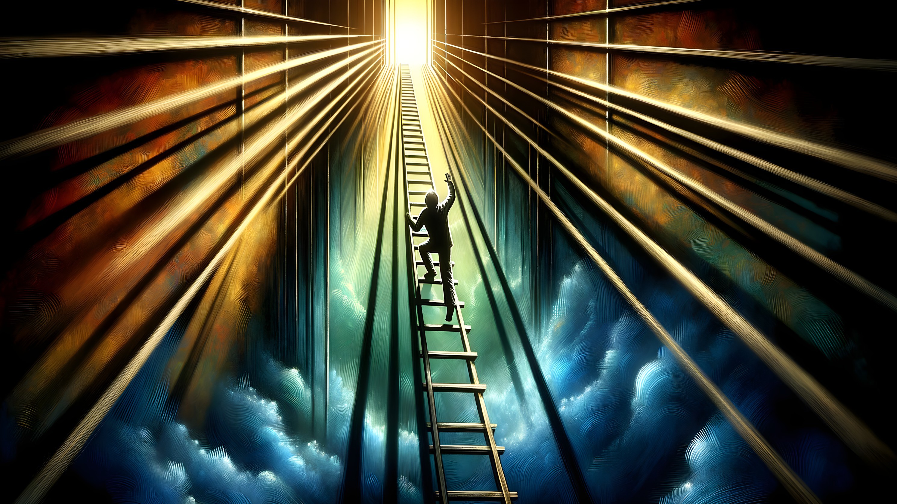 Figure Climbing Ladder Towards Radiant Light and Clouds