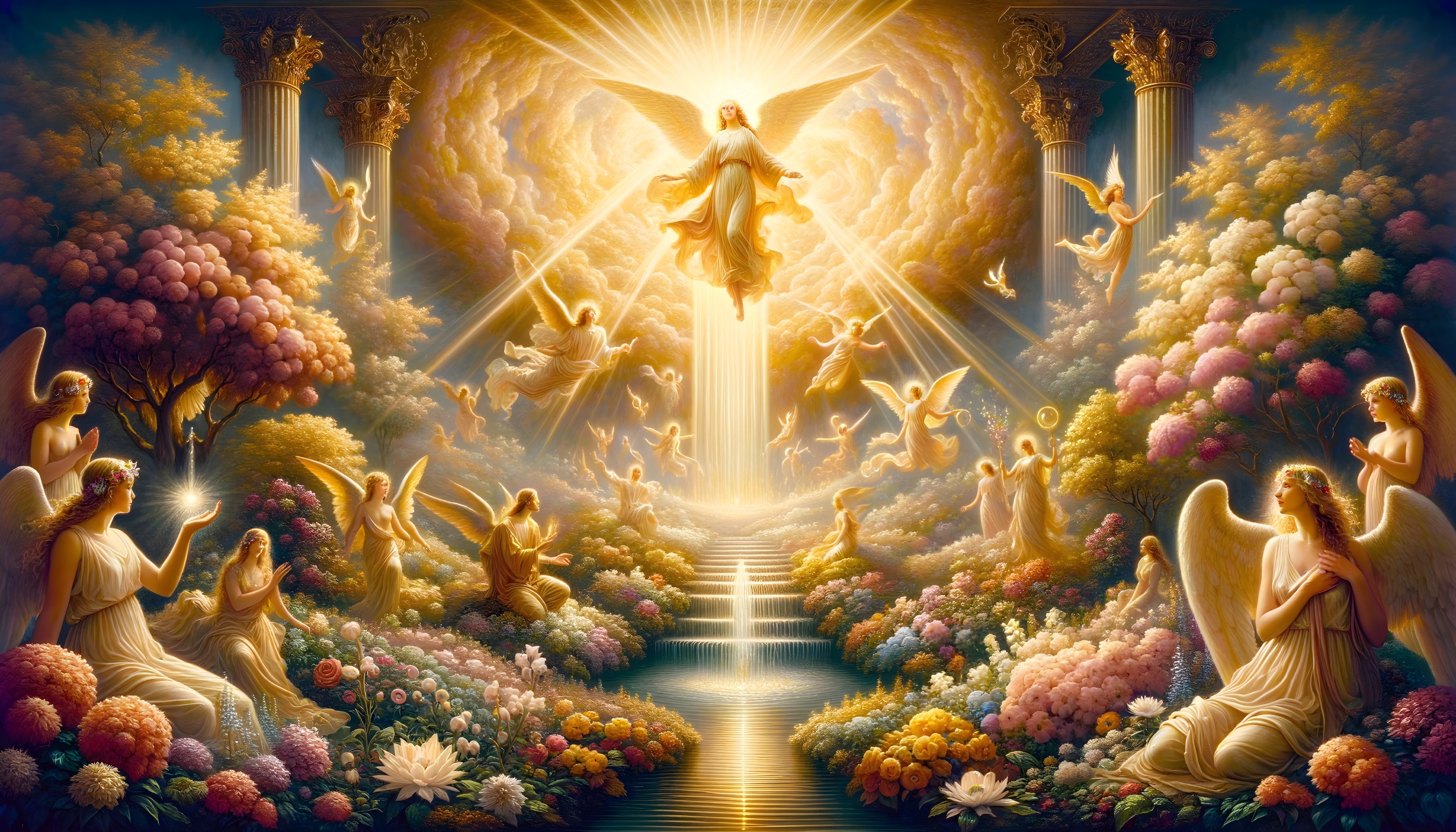 Ethereal Scene of Angels in Luminous Gardens