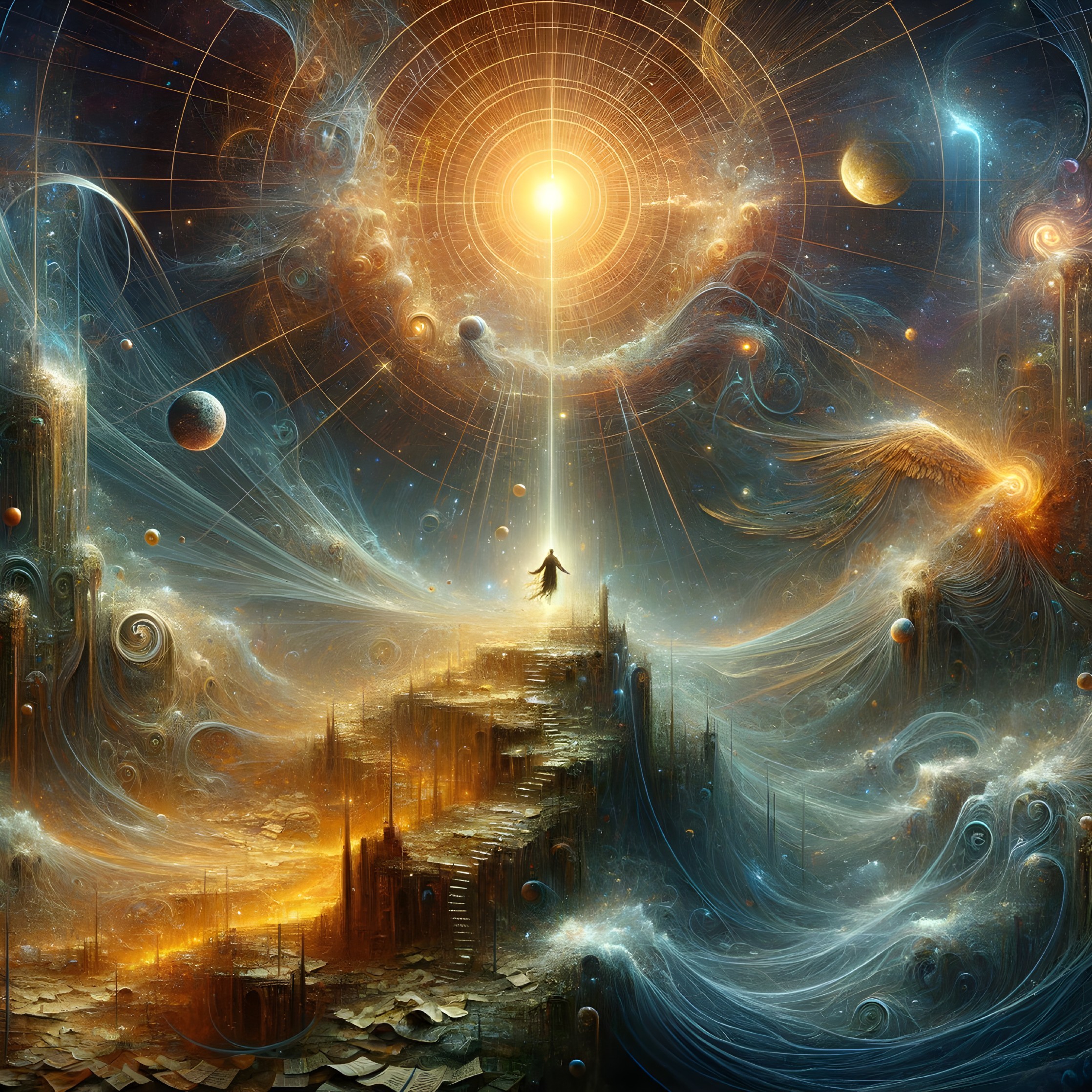 Cosmic scene with glowing sun, galaxies, planets, figure, and cityscape