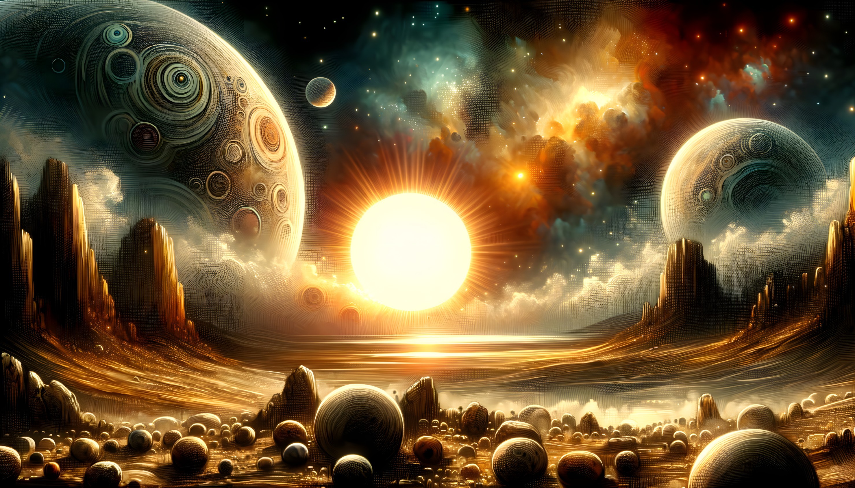 Vibrant Cosmic Landscape with Glowing Sun and Nebulae