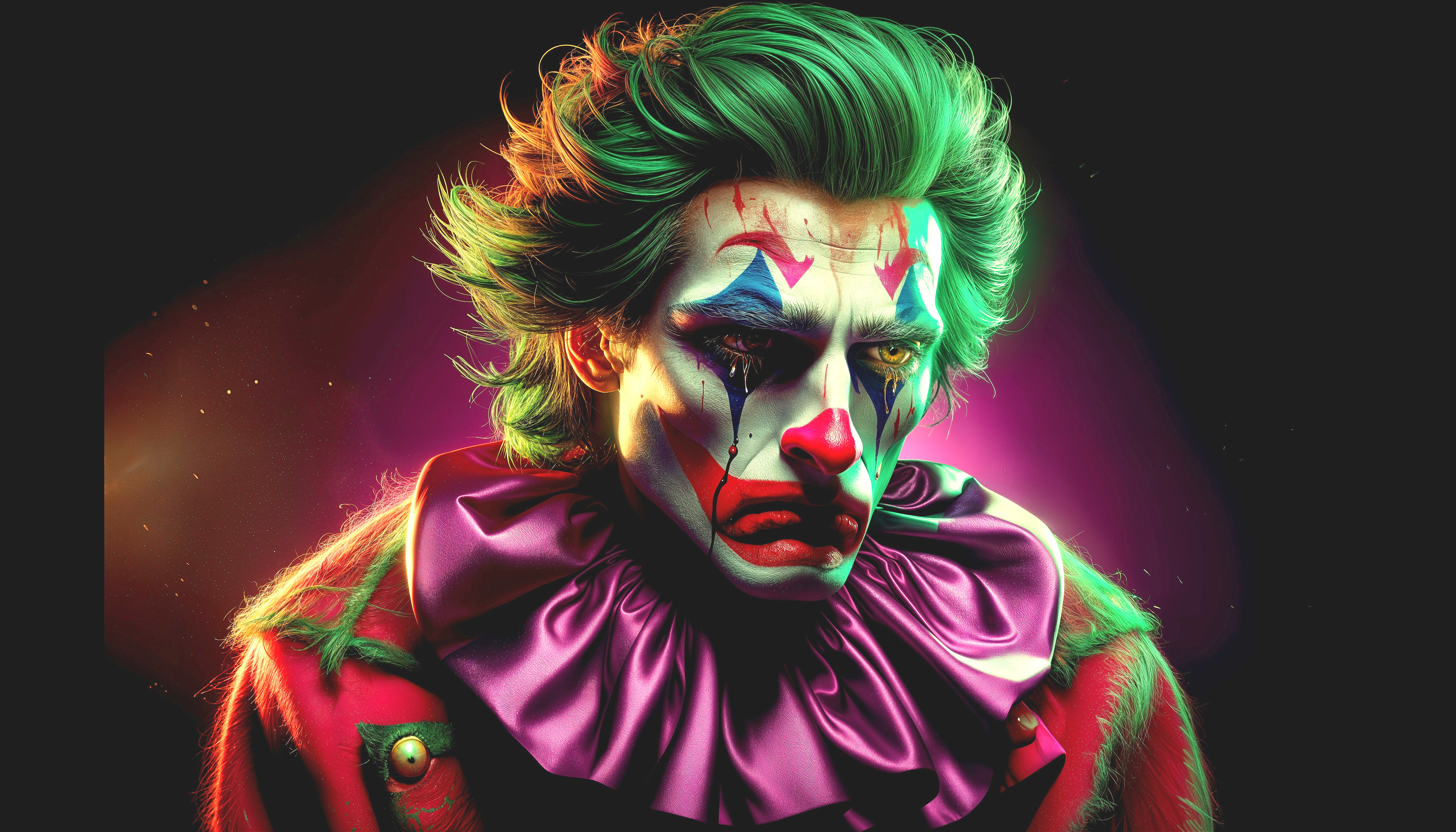 Stylized Clown Portrait with Dramatic Makeup and Colors