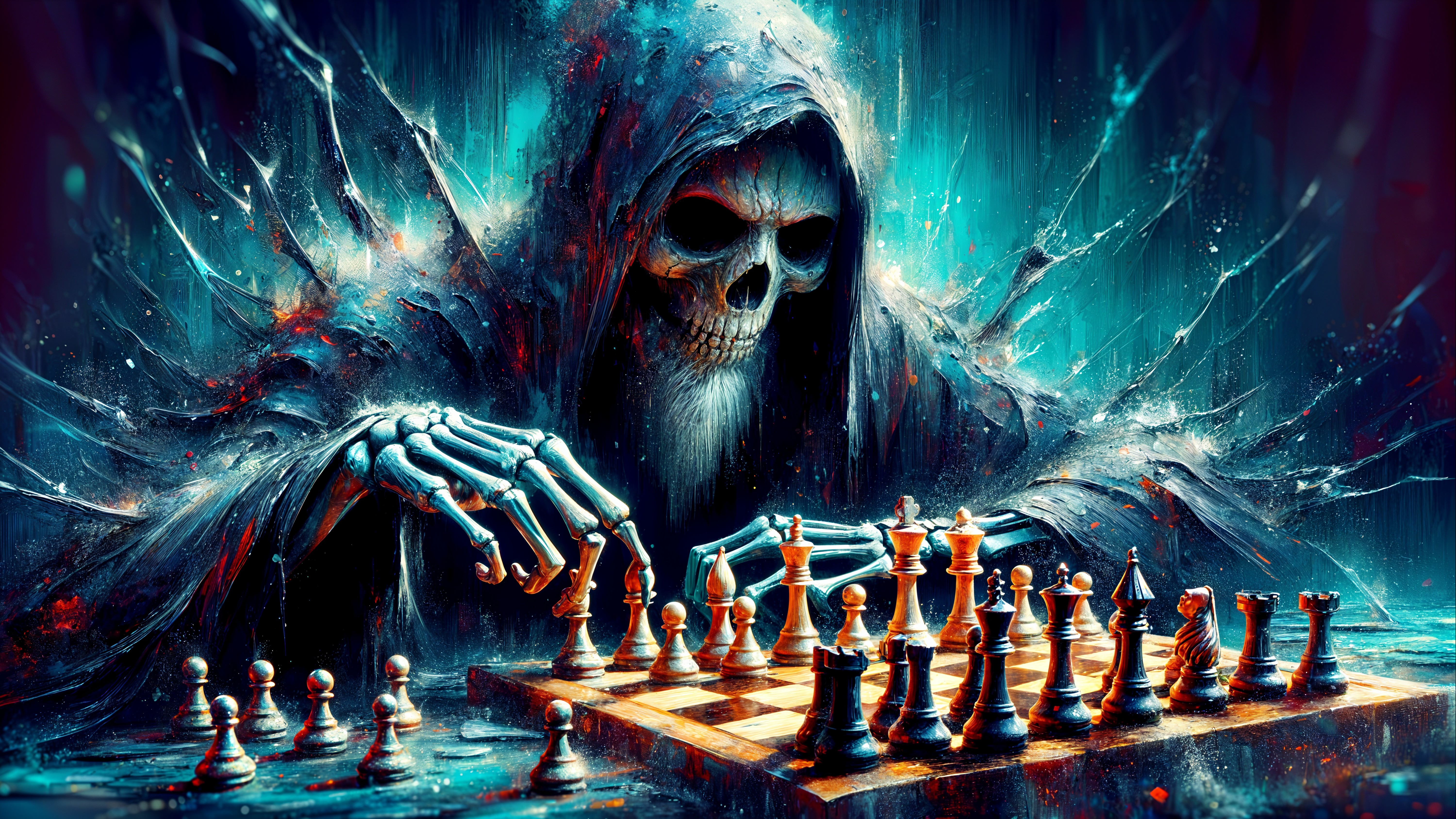 Mysterious Skeletal Figure Over Chessboard Scene
