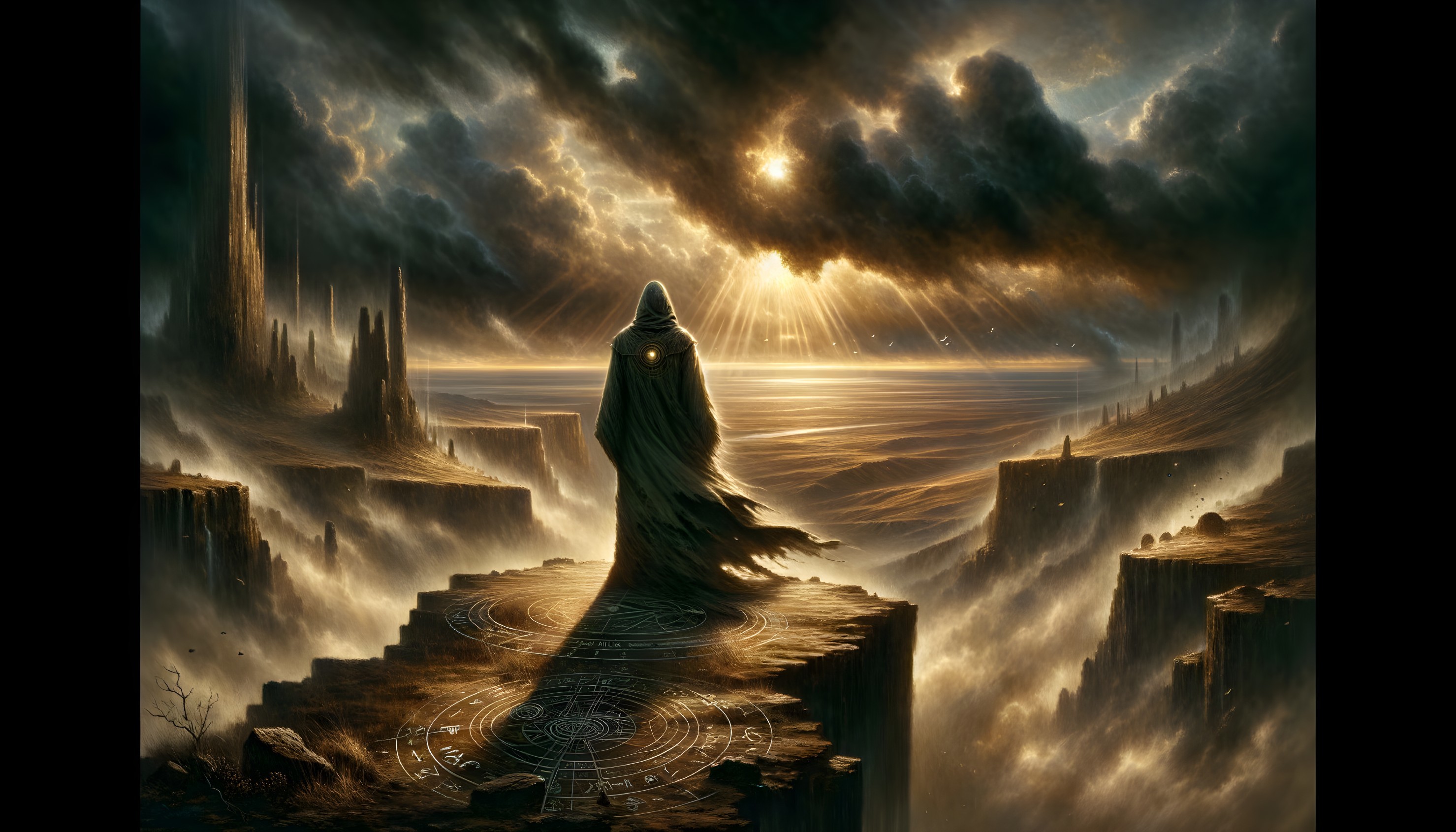 Cloaked Figure Overlooking Ethereal Landscape with Symbols