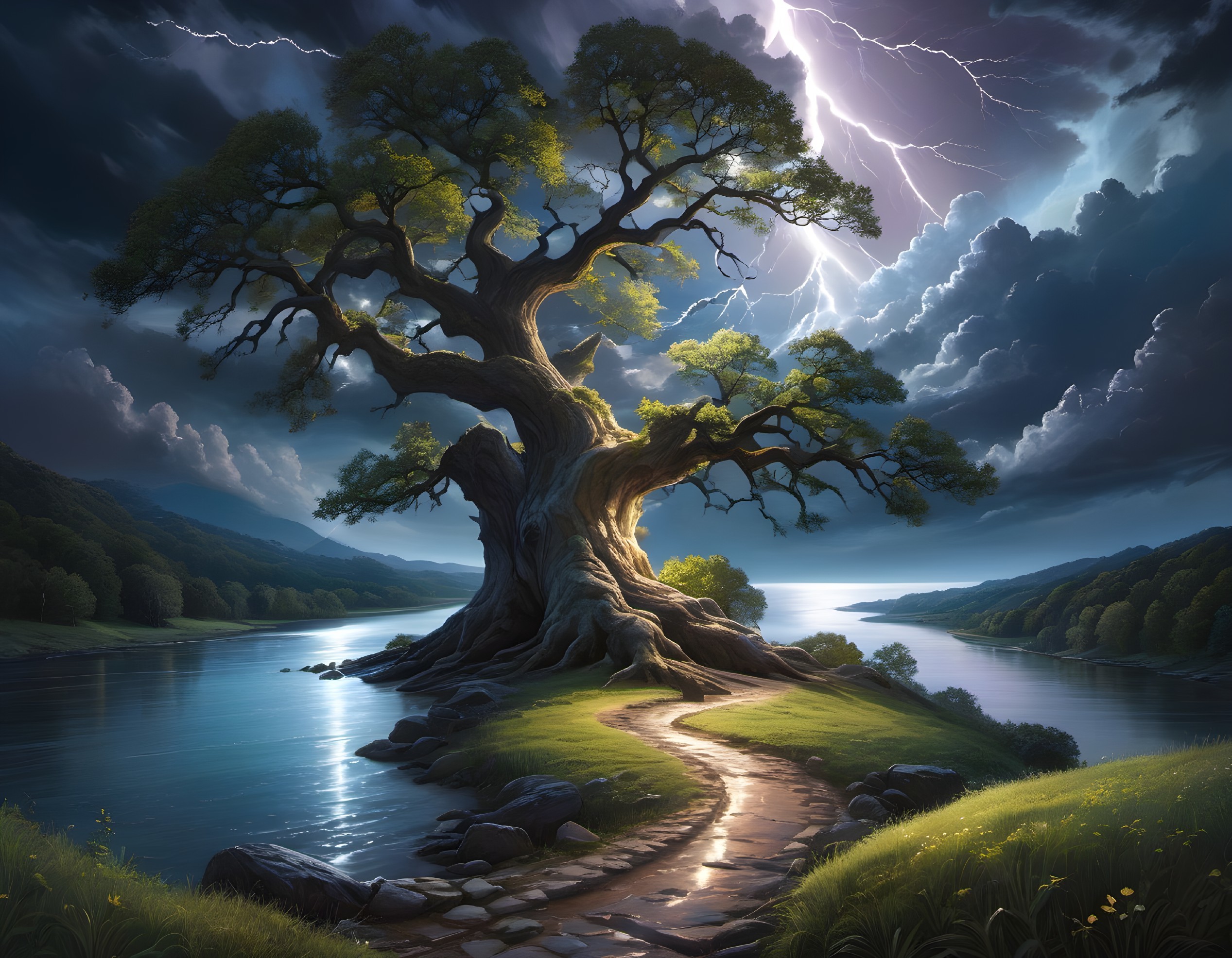Majestic tree by riverbank under stormy sky with lightning