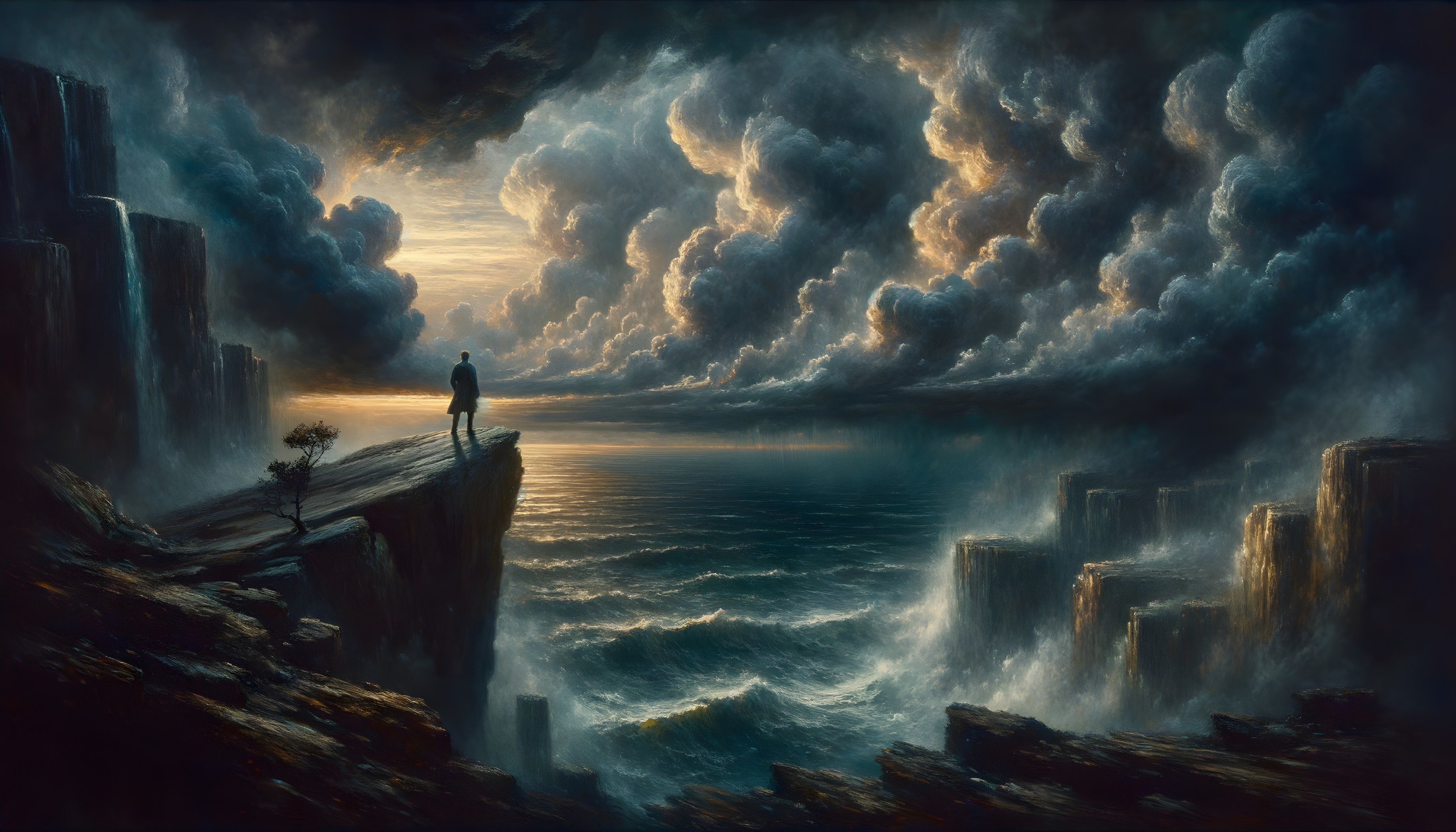 Solitary Figure on Cliff Overlooking Turbulent Sea