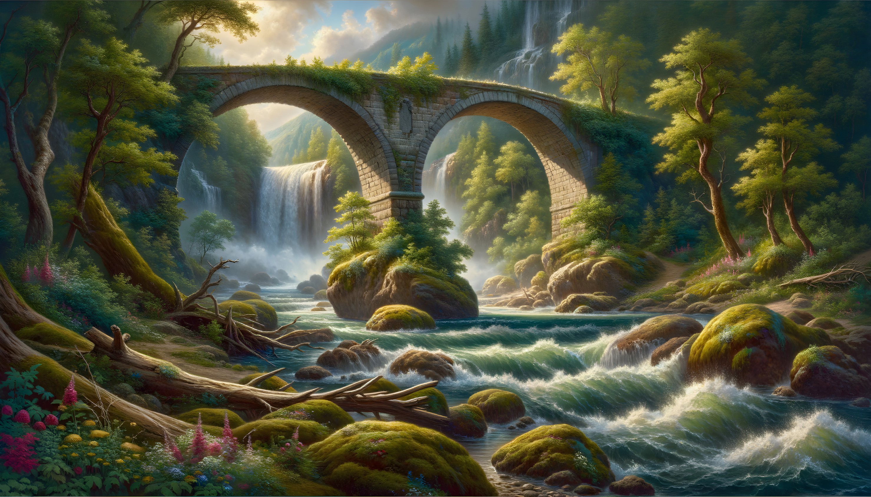 Serene Landscape with Stone Bridge and Waterfalls