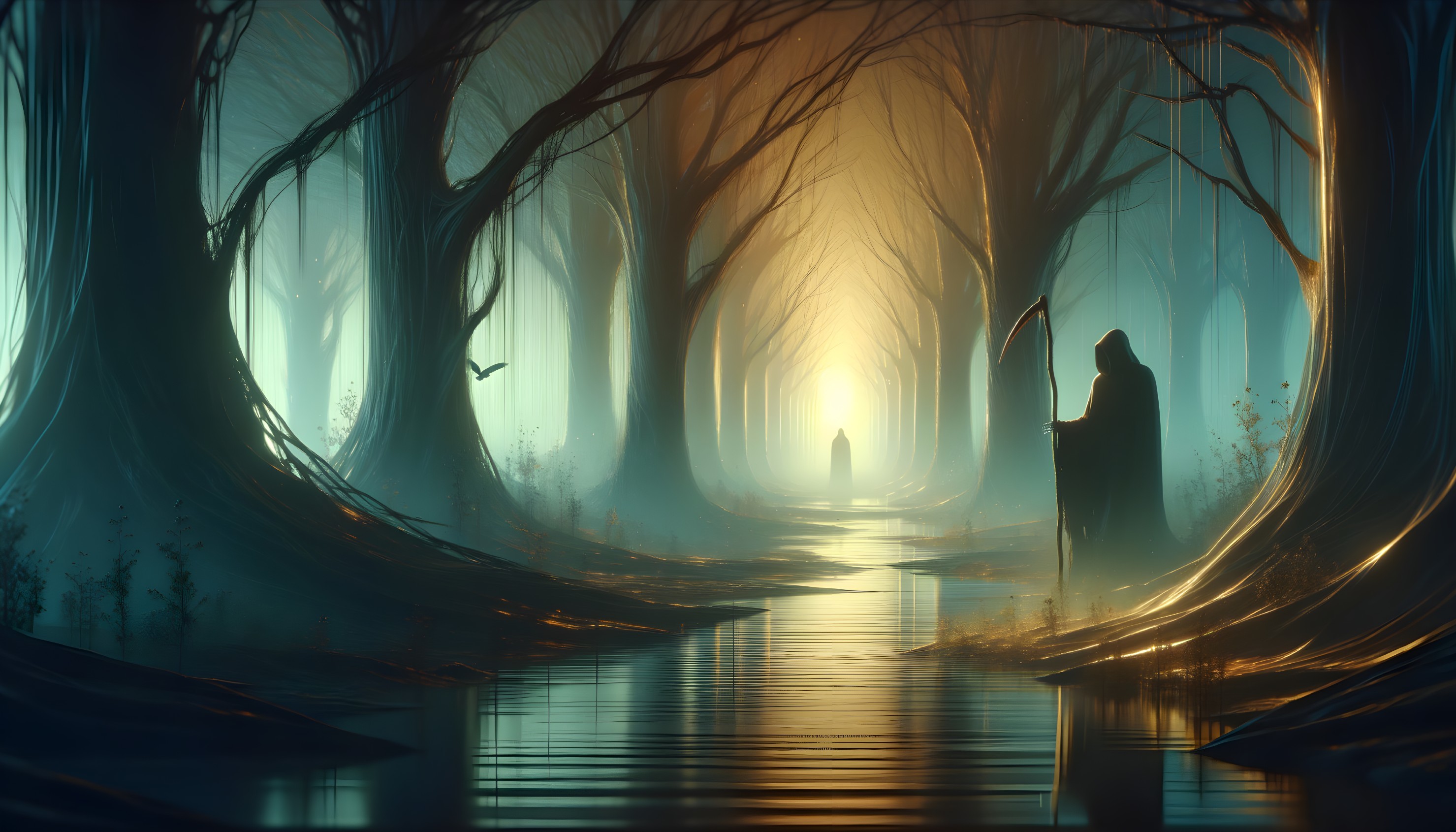 Mystical forest with glowing trees and reflective waterway
