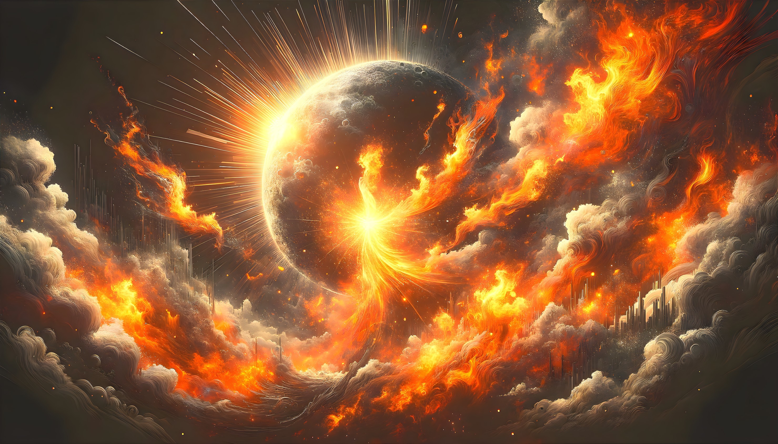 Dramatic Cosmic Scene with Fiery Planet and Flames