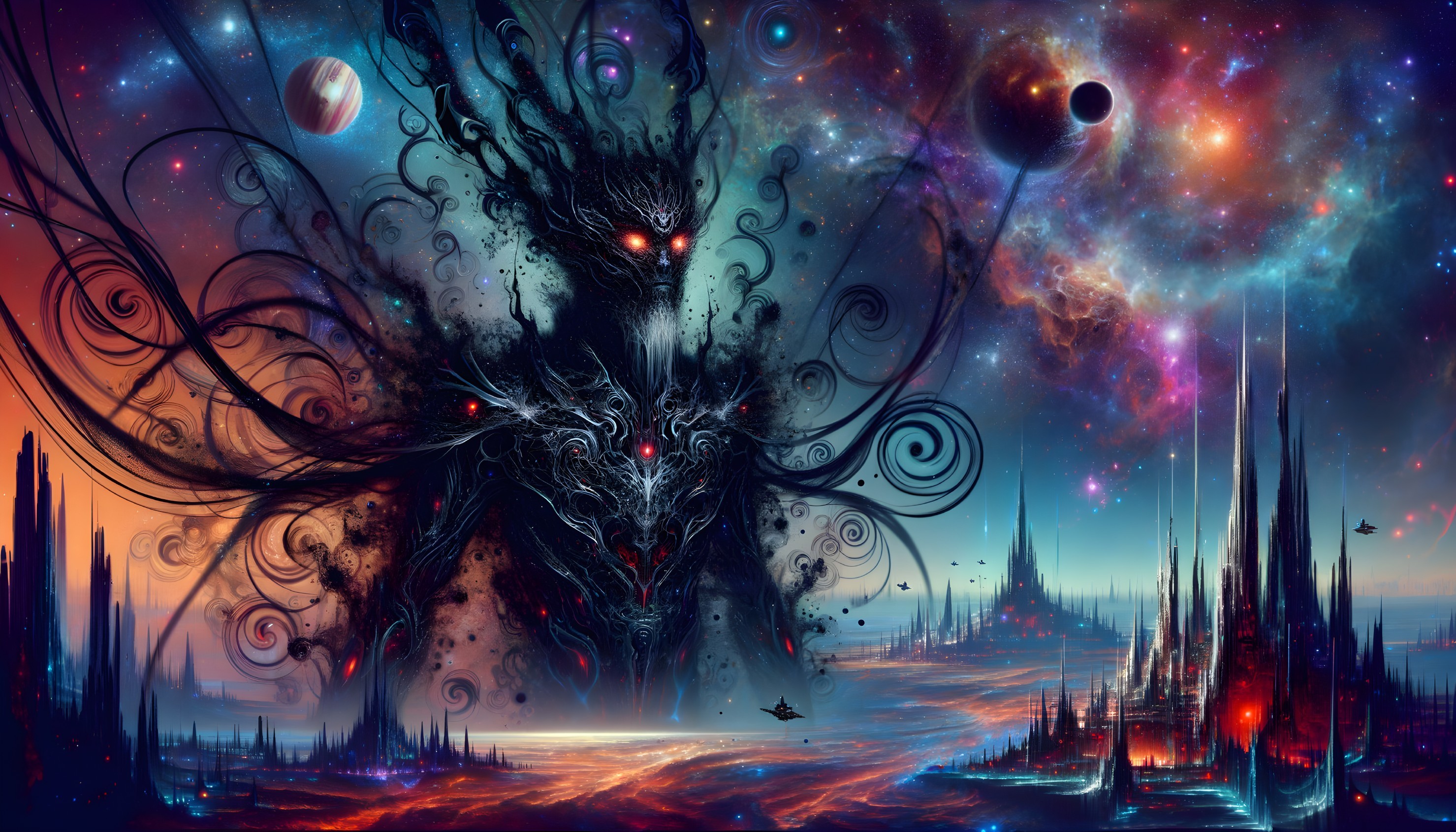 Cosmic Scene with Dark Figure and Celestial Bodies