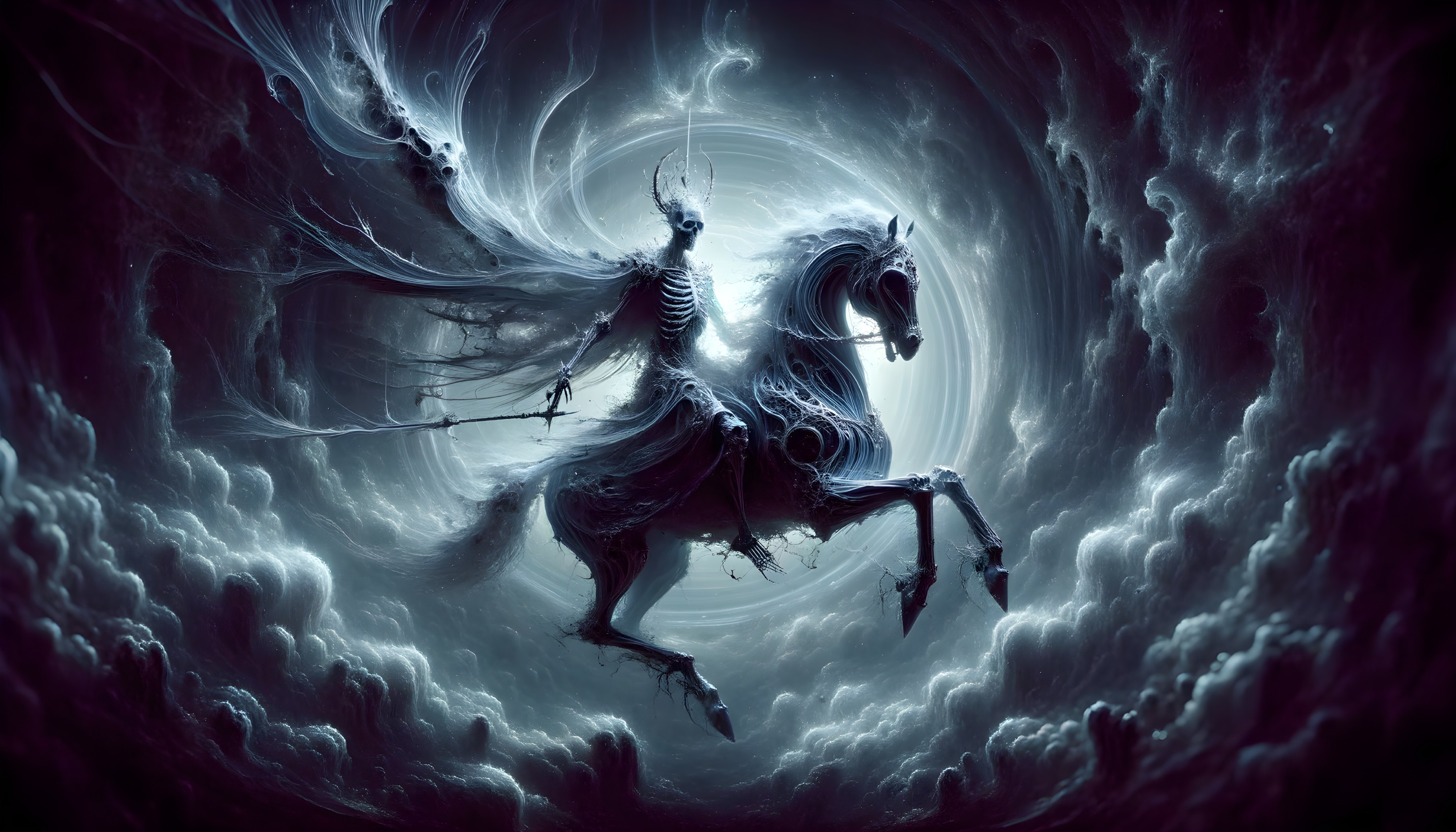 Skeletal Figure on Ghostly Horse in Mystical Landscape
